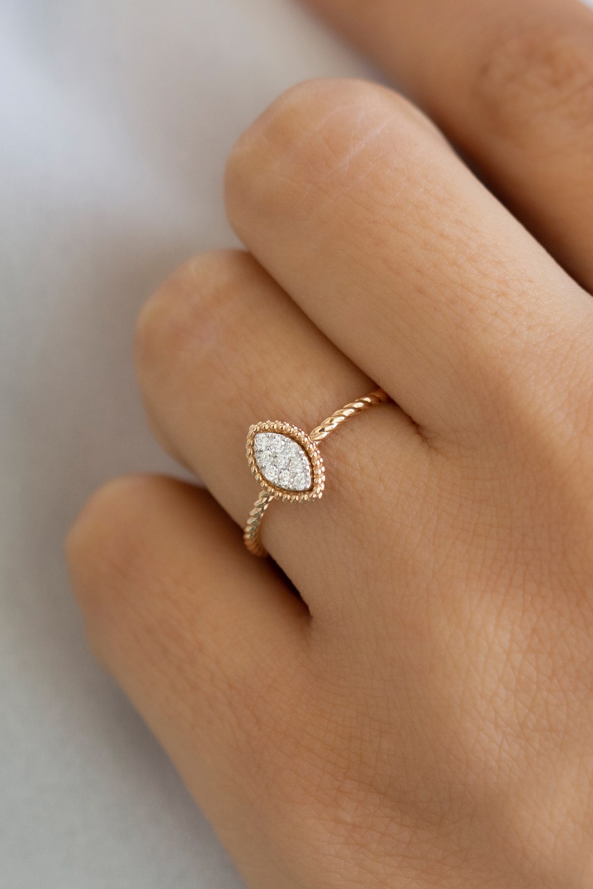 Minaliva 14 Carat Rose Gold Diamond Marquise Design Ring 0.11ct G Color Vs1 Clarity