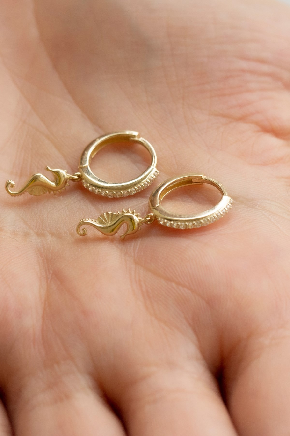 14 Carat Gold Dangle Seahorse Hoop Earrings