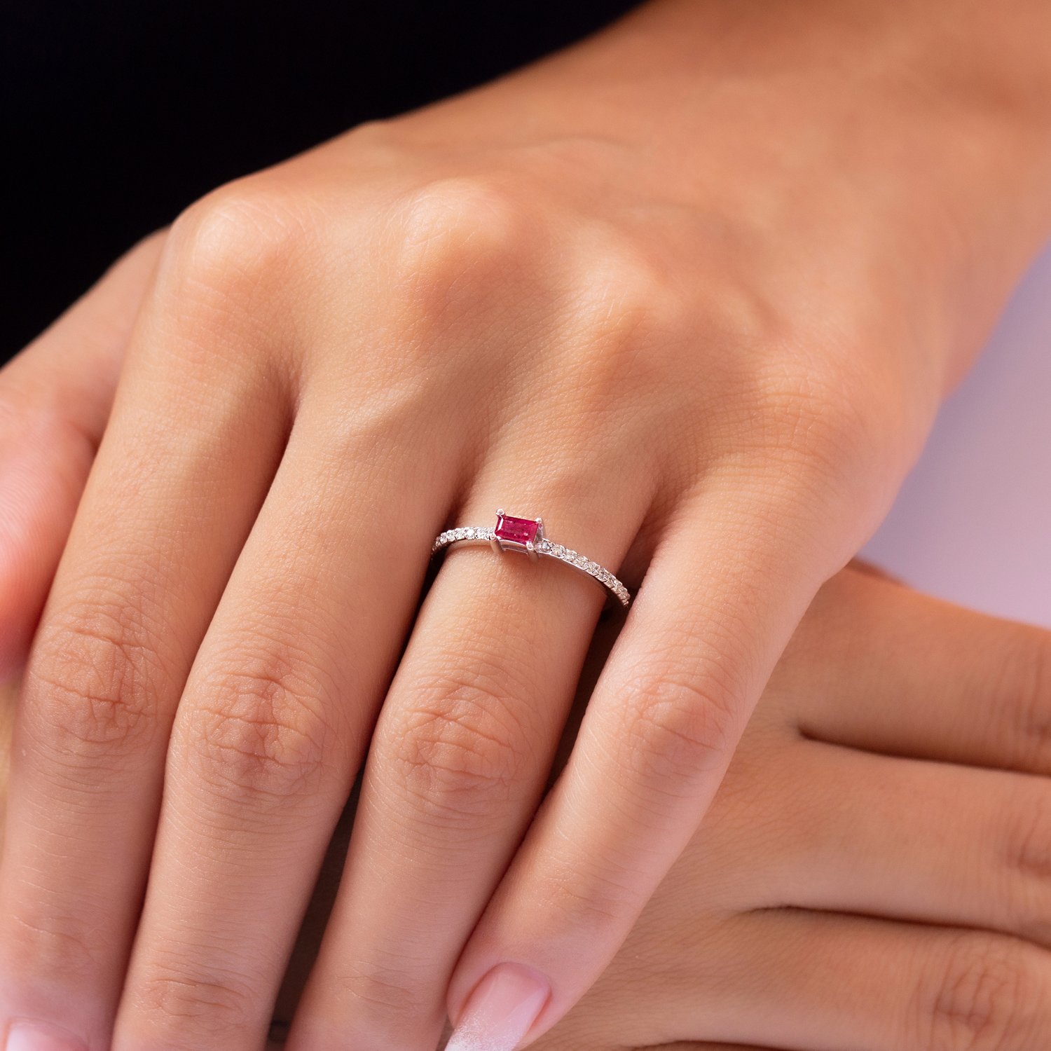 Gold Baguette Ruby Stone and Diamond Ring