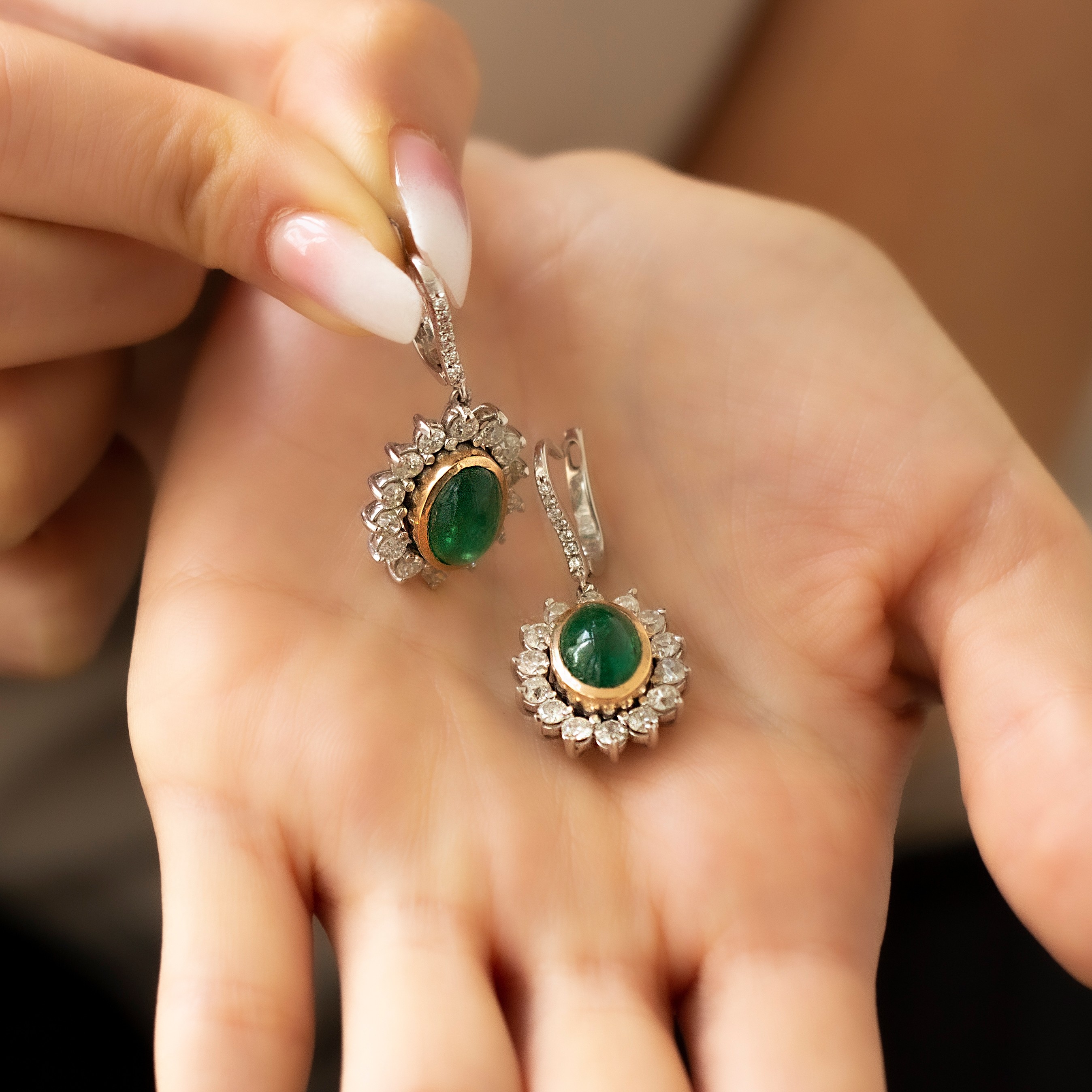 Gold Oval Emerald Stone Diamond Earrings