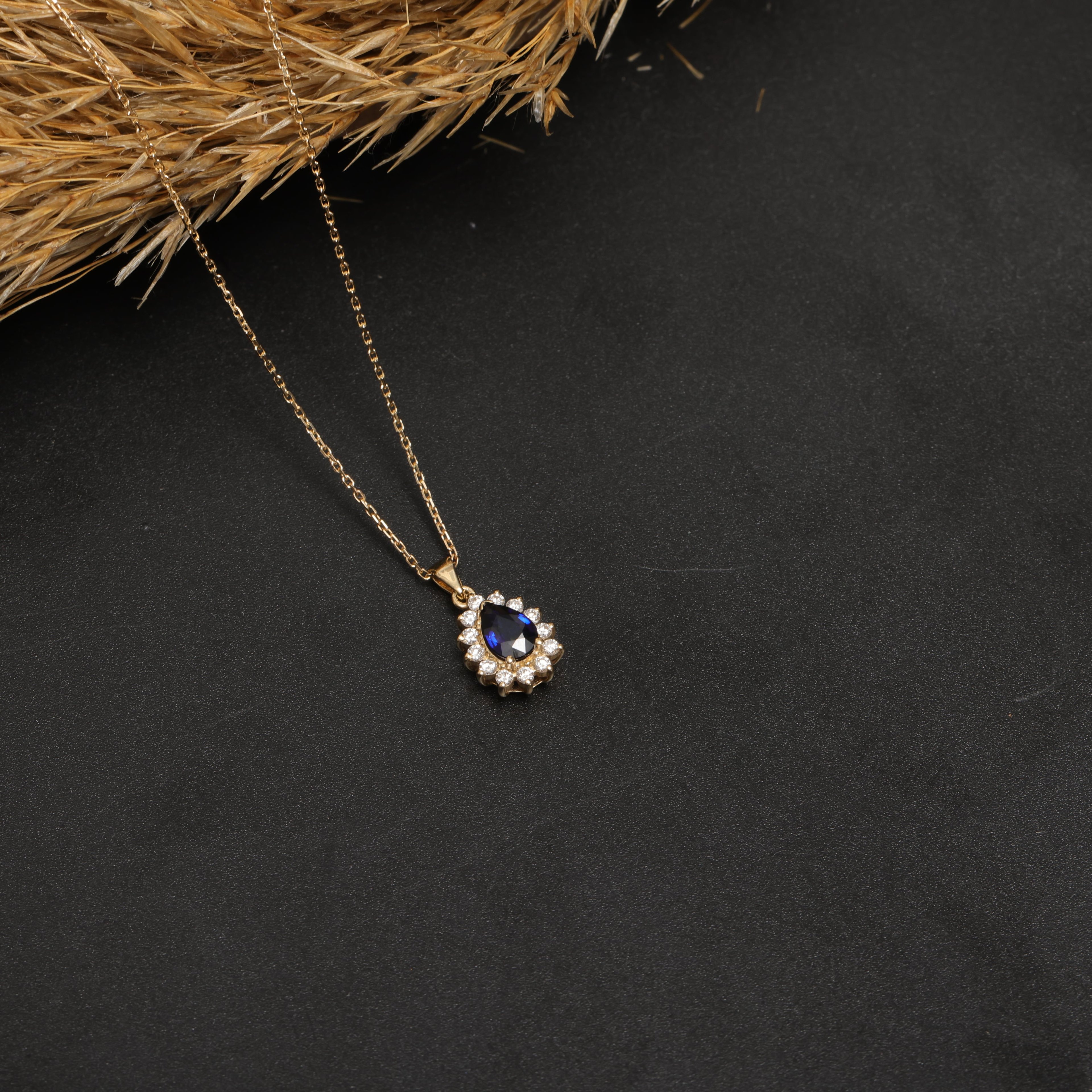 Gold Drop Sapphire Stone Diamond Necklace