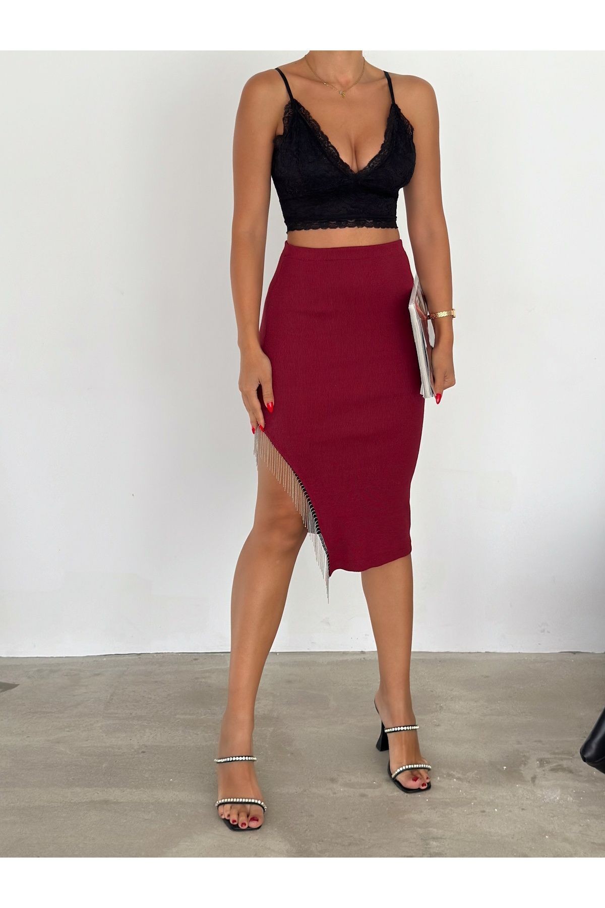Kadın Bordo Fitilli  Kaşkorse Kumaş Zincir Püsküllü Yırtmaçlı Etek Boy 70 cm
