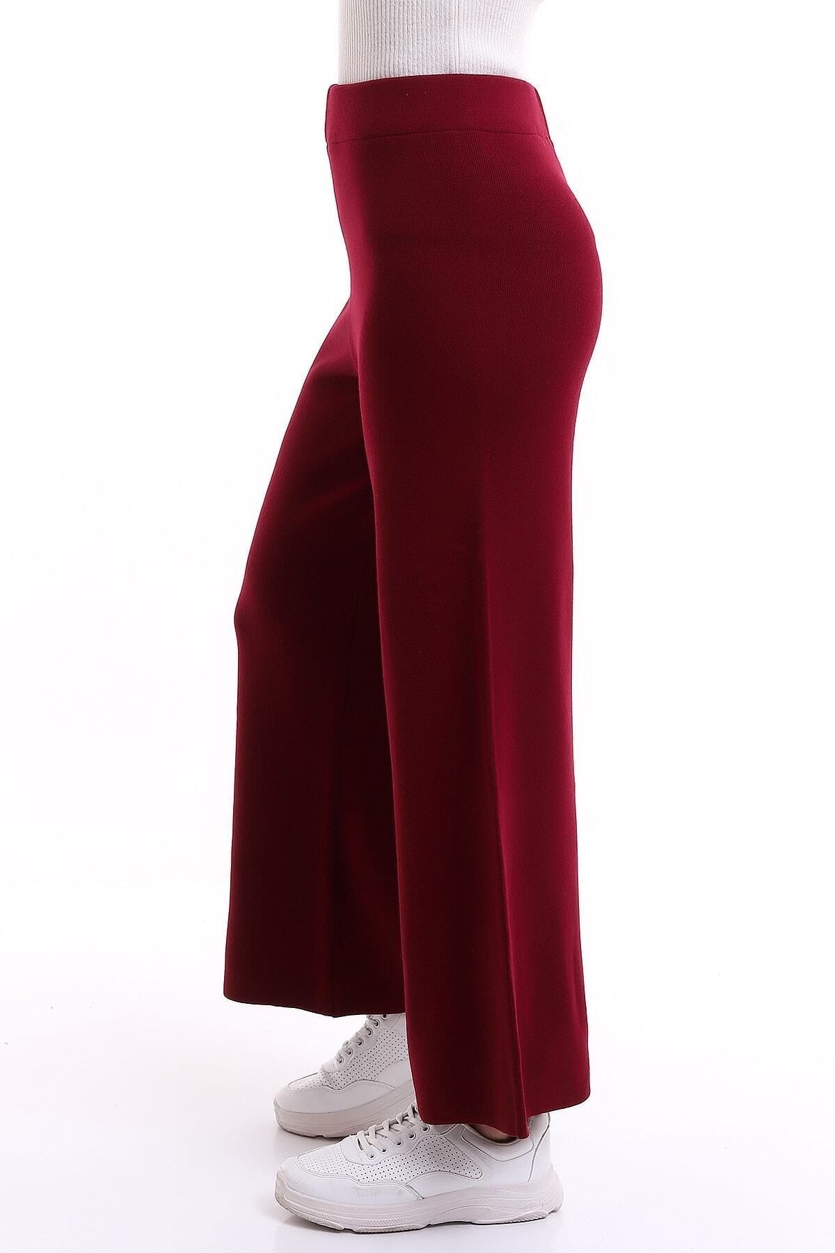Kadın Bordo Renk Beli Lastikli Bol Paça Triko Pantolon Boy 100cm Standart Beden Smlxl Uyumlu
