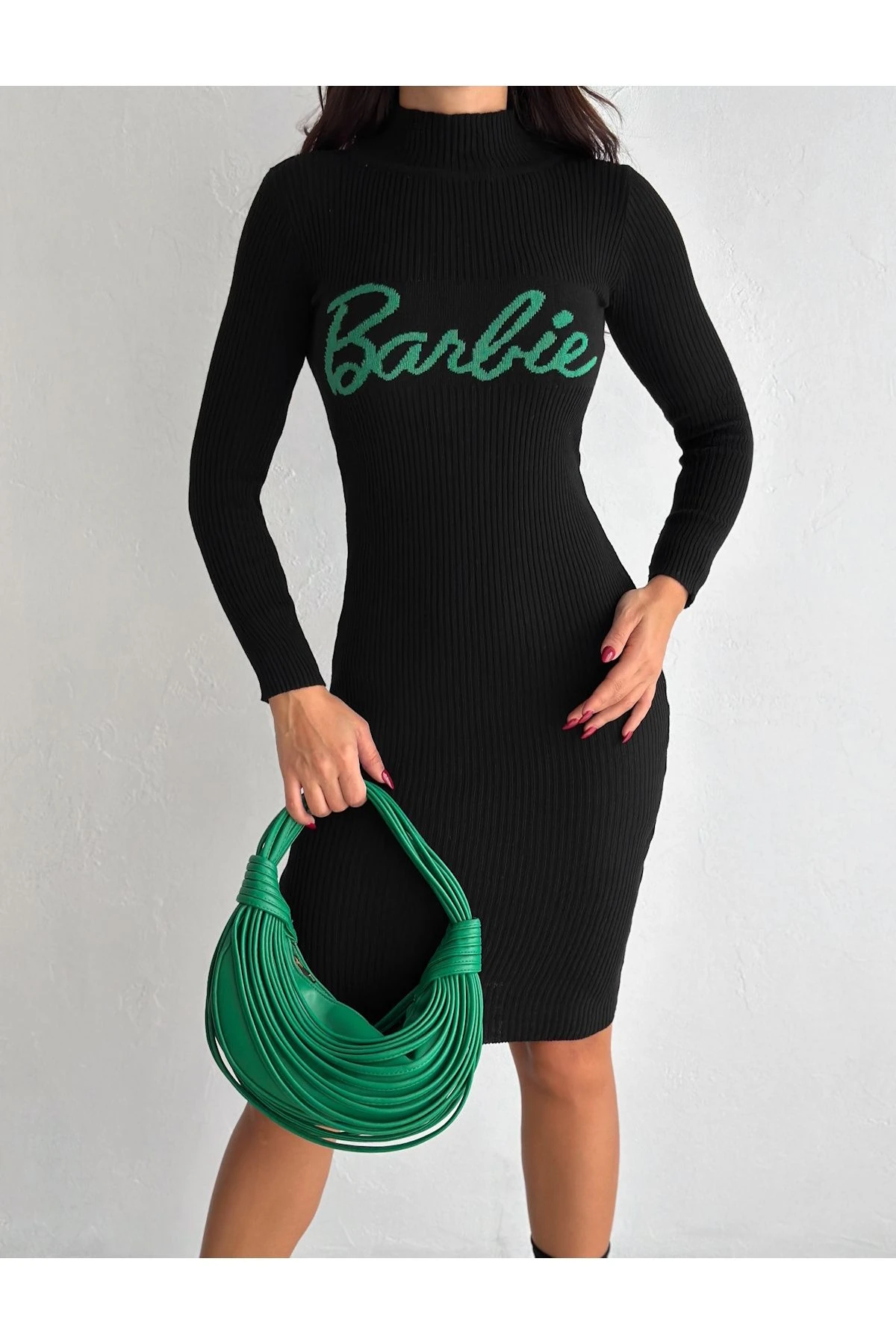 Kadın Bisiklet Yaka Düğme Detaylı Uzun Kol Triko Elbise Standart SML Uyumlu Boy 130 cm