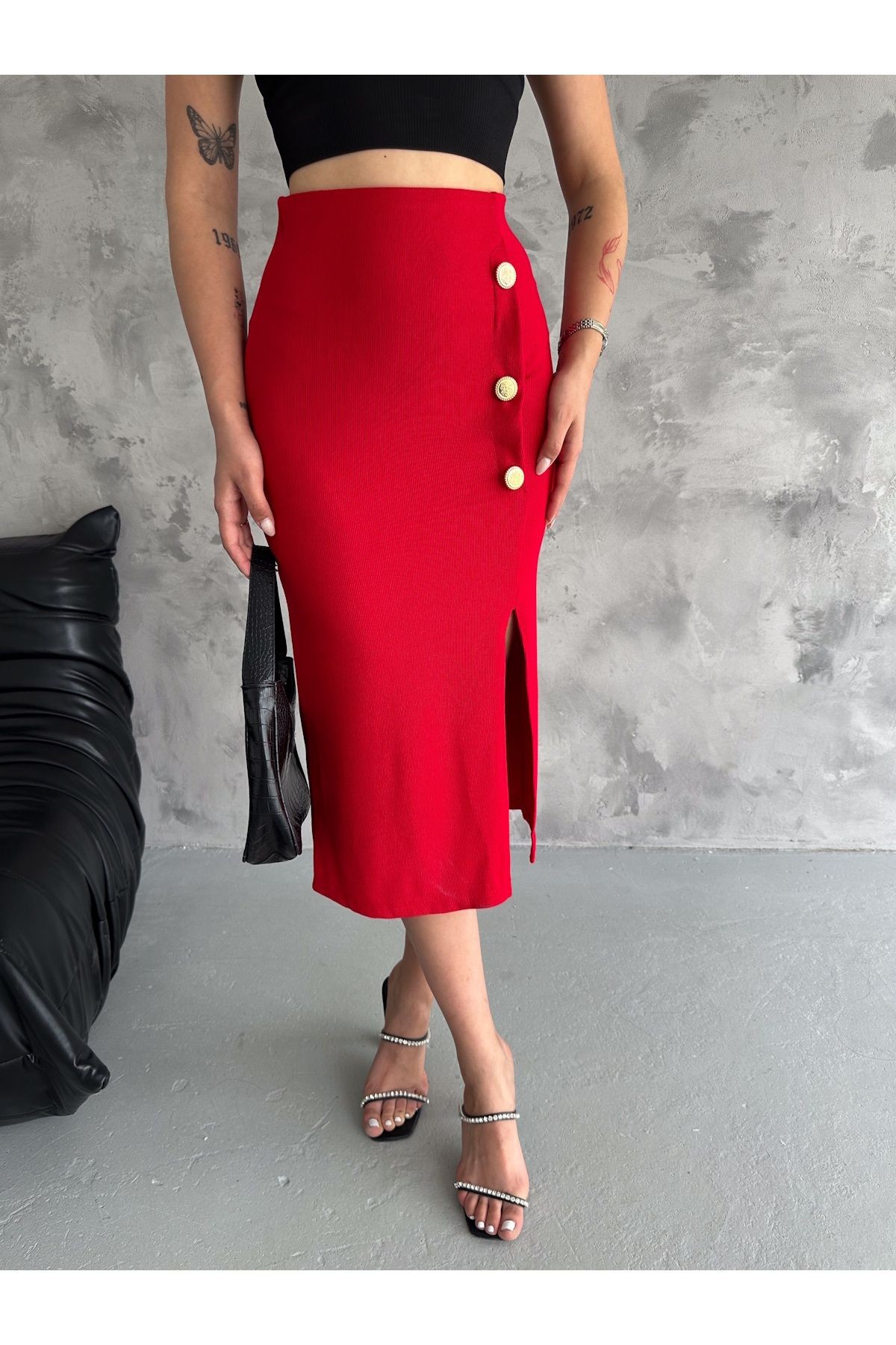 Kadın Düğme  Detaylı Örme Fitilli  Kaşkorse Kumaş  Yırtmaçlı Midi Boy Etek Boy 80 cm