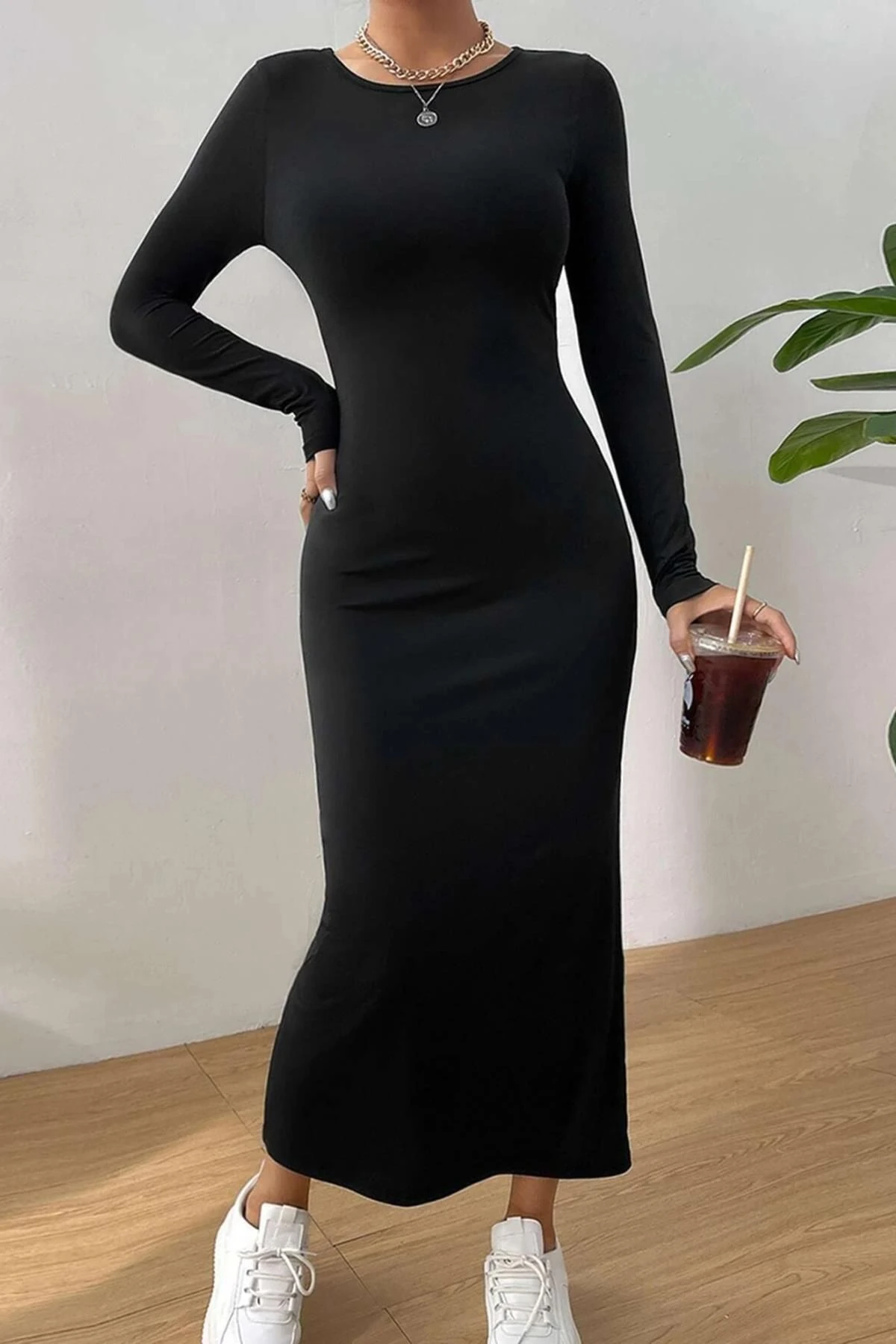 Kadın Bisiklet Yaka Kalem Model Kaşkorse Kumaş Elbise Tesettür Uygundur Boy 135cm