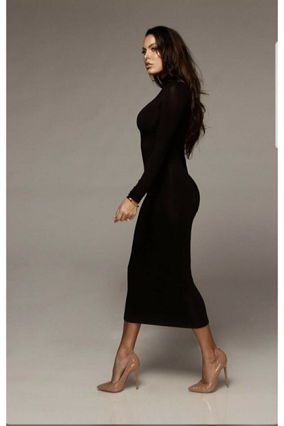 Kadın Siyah Renk Balıkçı Yaka L Fitilli Triko Elbise 140cm Boy Smlxl