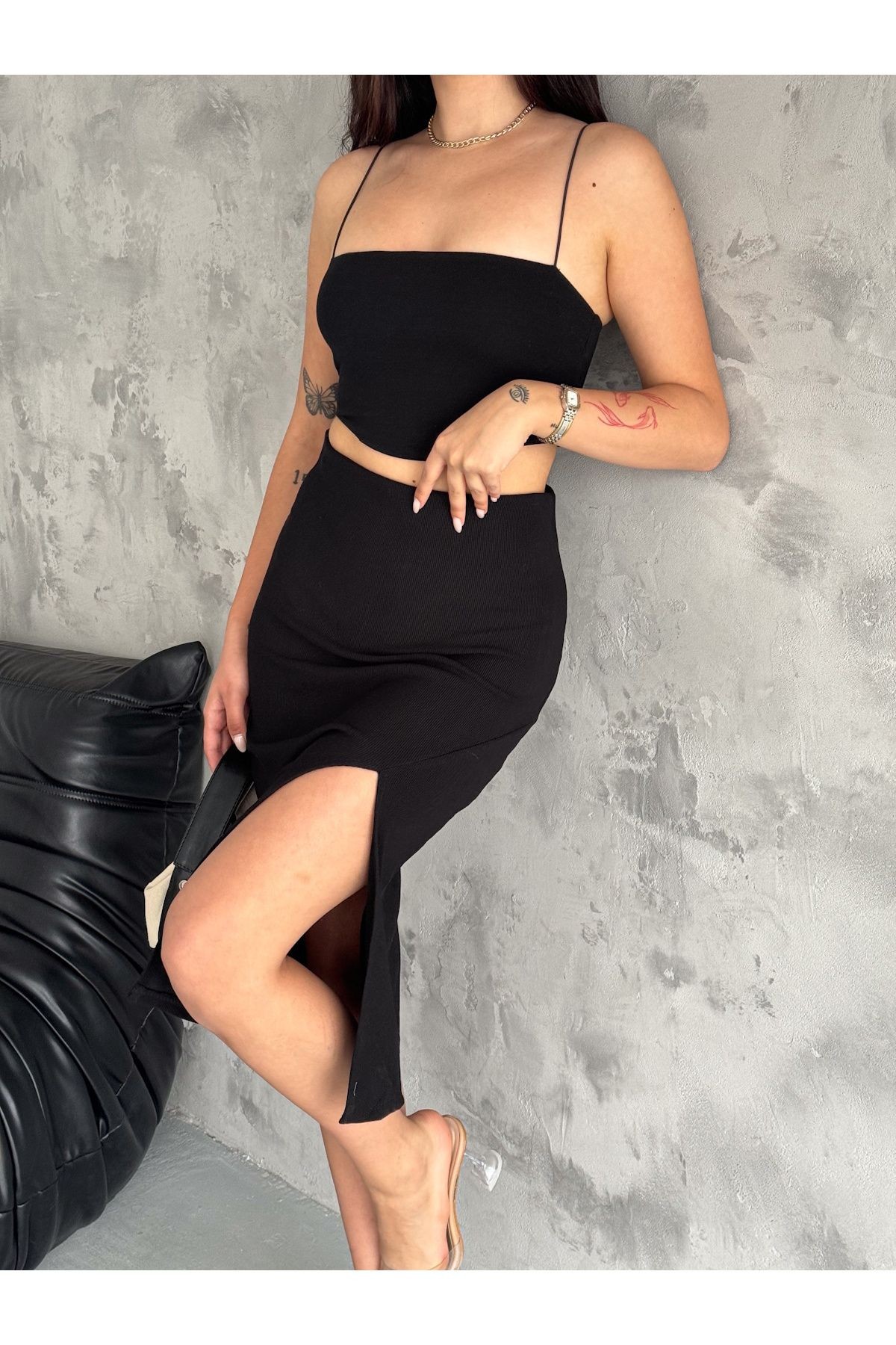 Kadın  Örme Fitilli  Kaşkorse Kumaş  Yırtmaçlı Midi Boy Etek Boy 80 cm