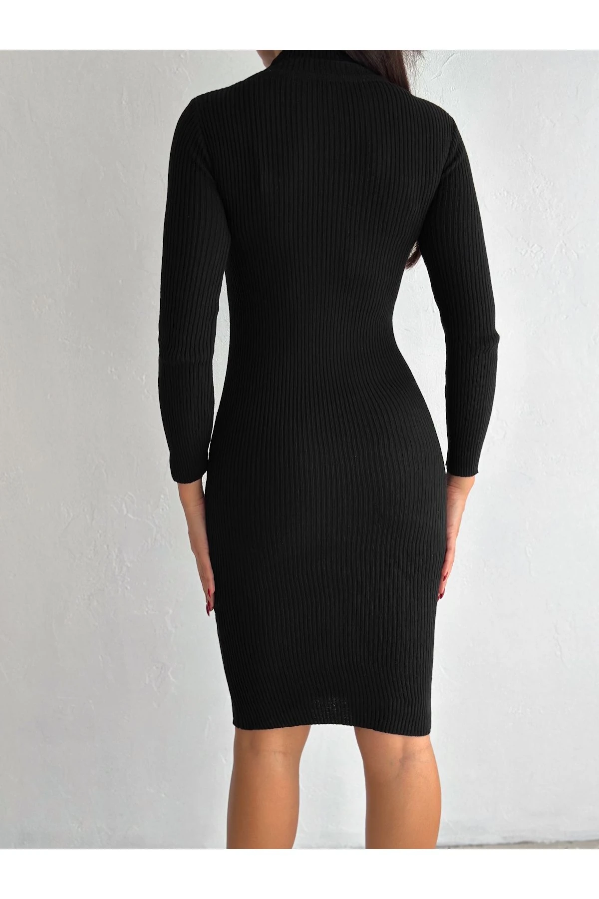 Kadın Bisiklet Yaka Düğme Detaylı Uzun Kol Triko Elbise Standart SML Uyumlu Boy 130 cm