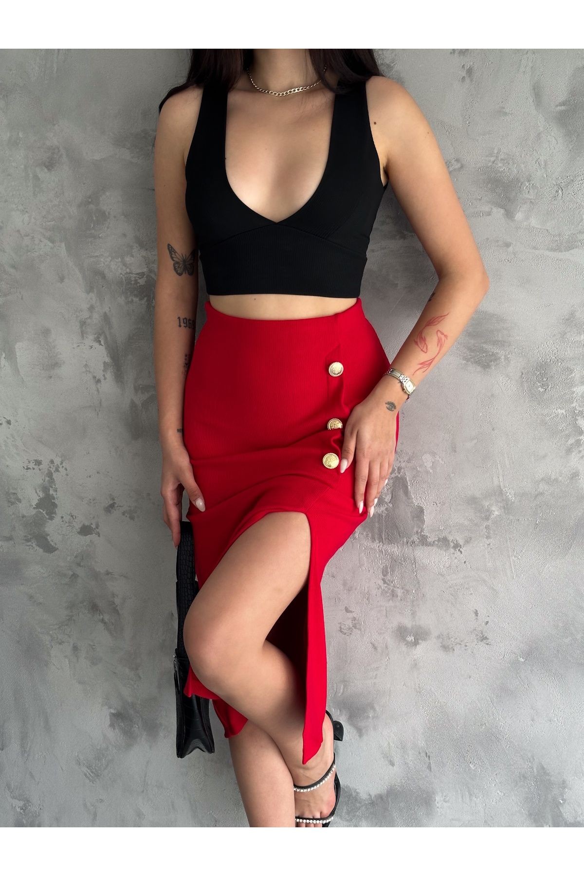 Kadın Düğme  Detaylı Örme Fitilli  Kaşkorse Kumaş  Yırtmaçlı Midi Boy Etek Boy 80 cm