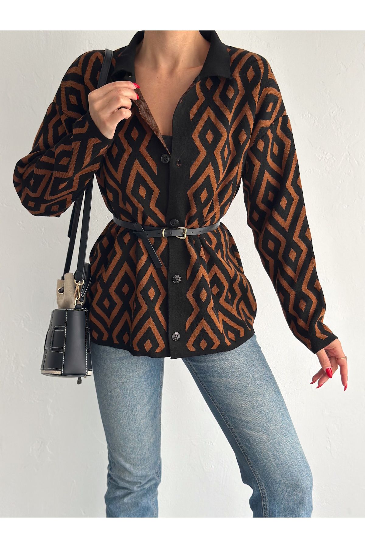 Kadın Geometrik Desen Önü Düğmeli Hırka