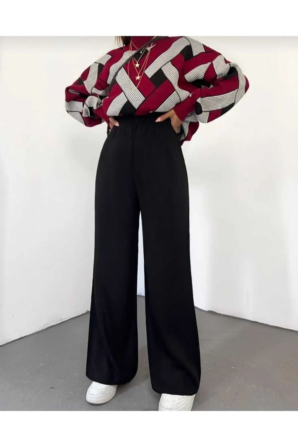 Kadın kışlık rahat kalıp bol paça comfort beli lastikli triko pantolon