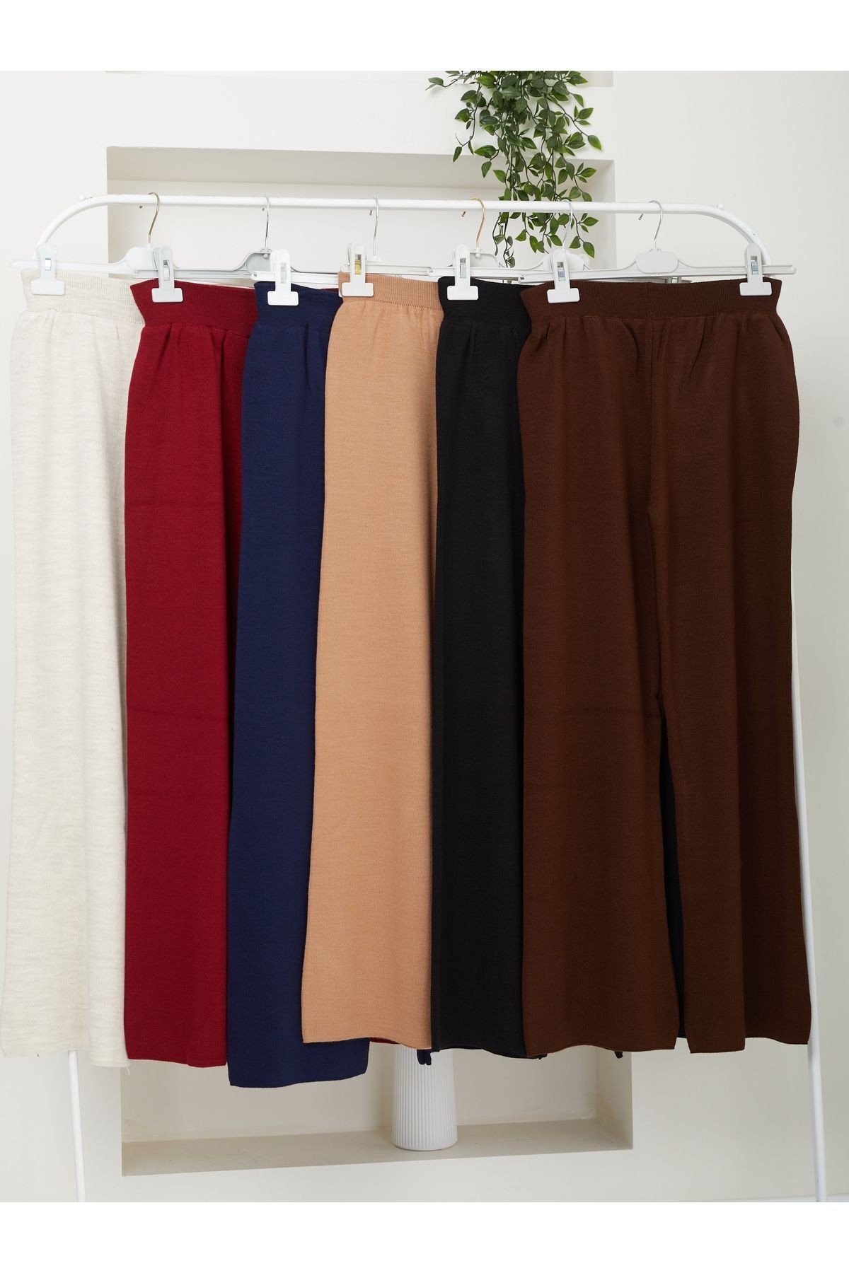 Kadın Bordo Renk Beli Lastikli Bol Paça Triko Pantolon Boy 100cm Standart Beden Smlxl Uyumlu