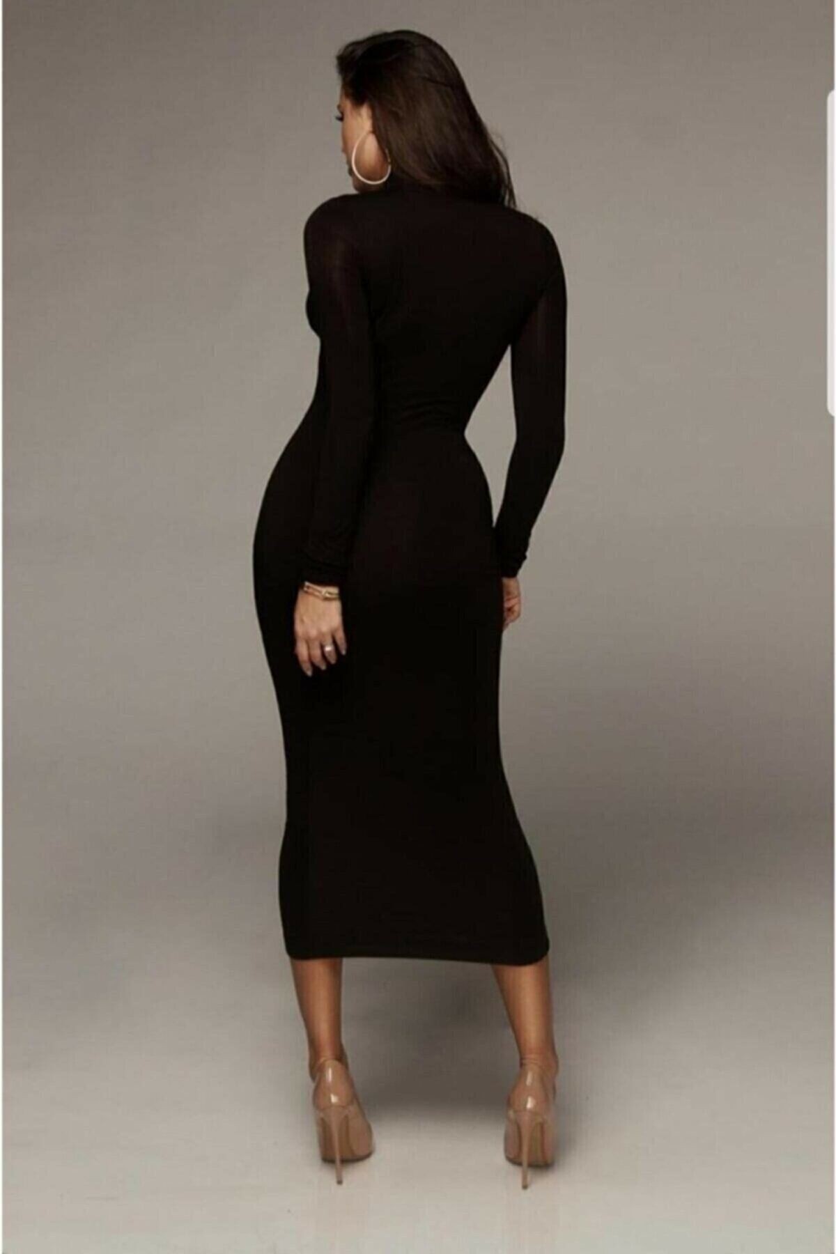 Kadın Siyah Renk Balıkçı Yaka L Fitilli Triko Elbise 140cm Boy Smlxl