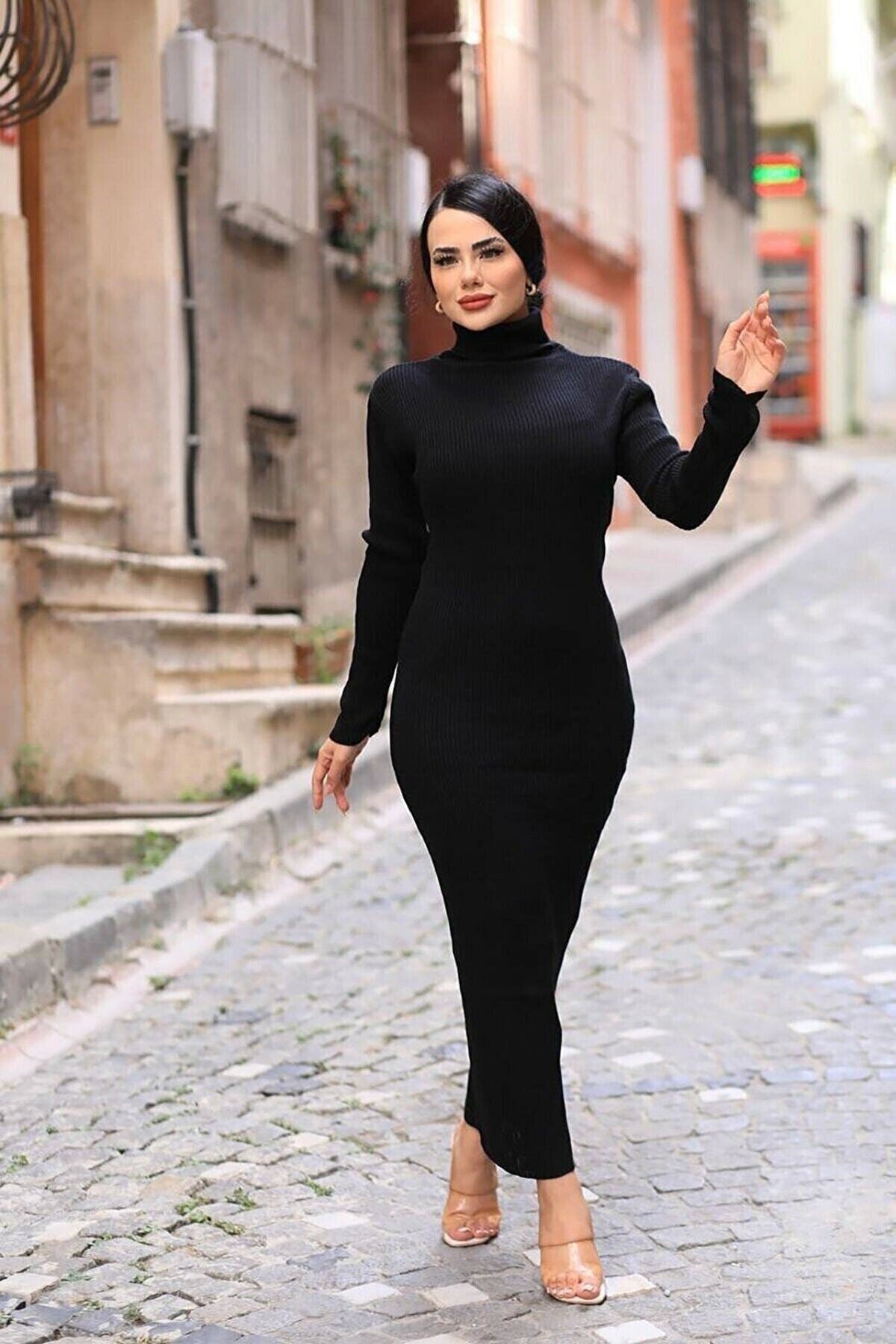Kadın Siyah Renk Balıkçı Yaka L Fitilli Triko Elbise 140cm Boy Smlxl