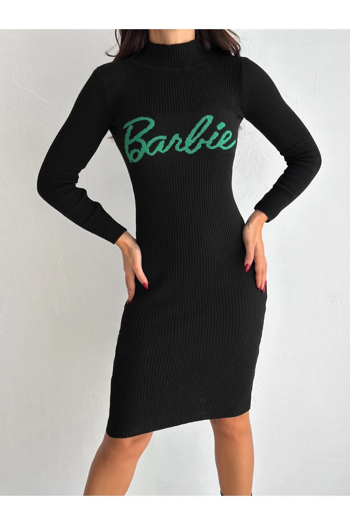 Kadın Bisiklet Yaka Düğme Detaylı Uzun Kol Triko Elbise Standart SML Uyumlu Boy 130 cm