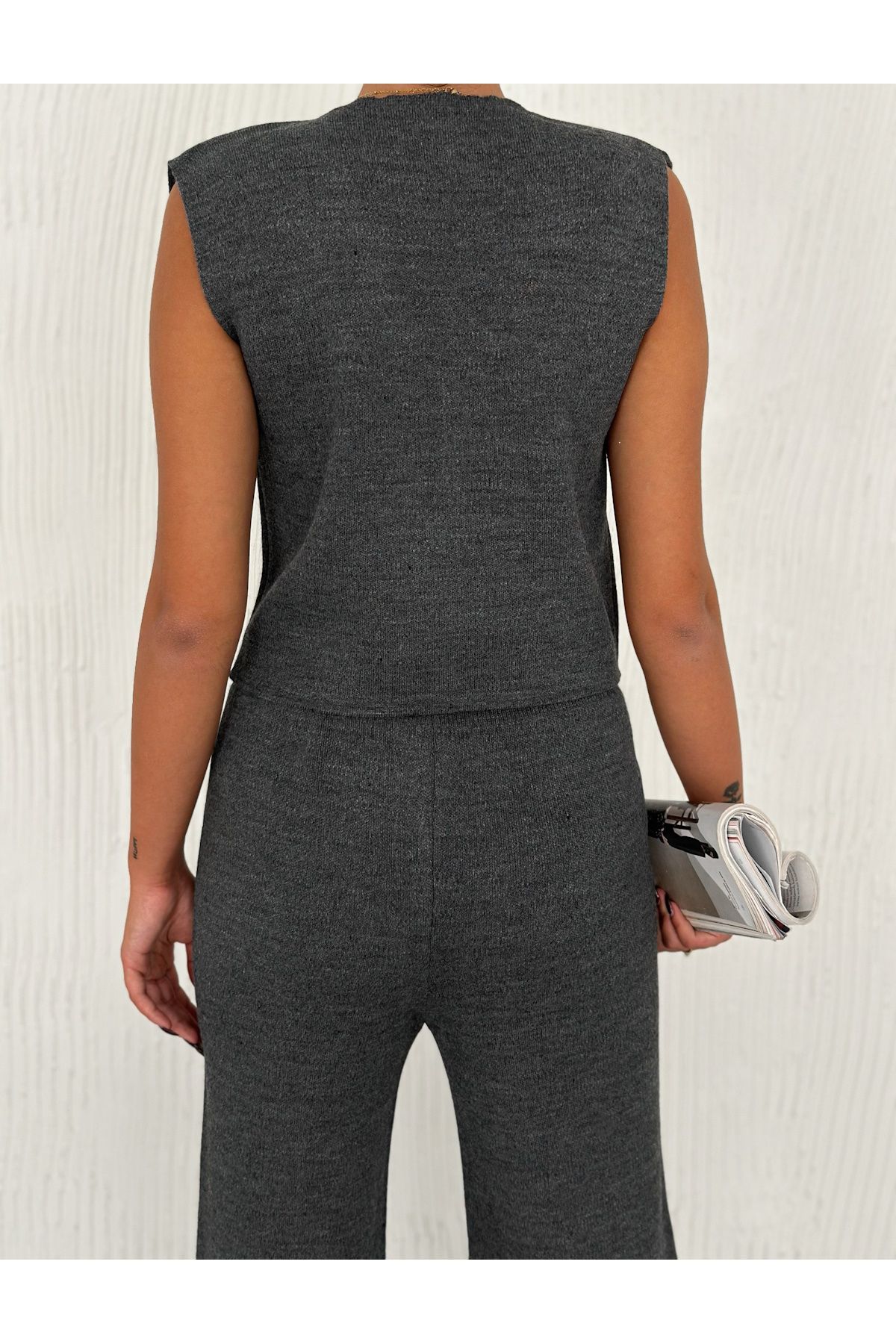Kadın Füme Renk Yelek Pantolon Triko İkili Takım Standart Beden SMLXL uyumlu