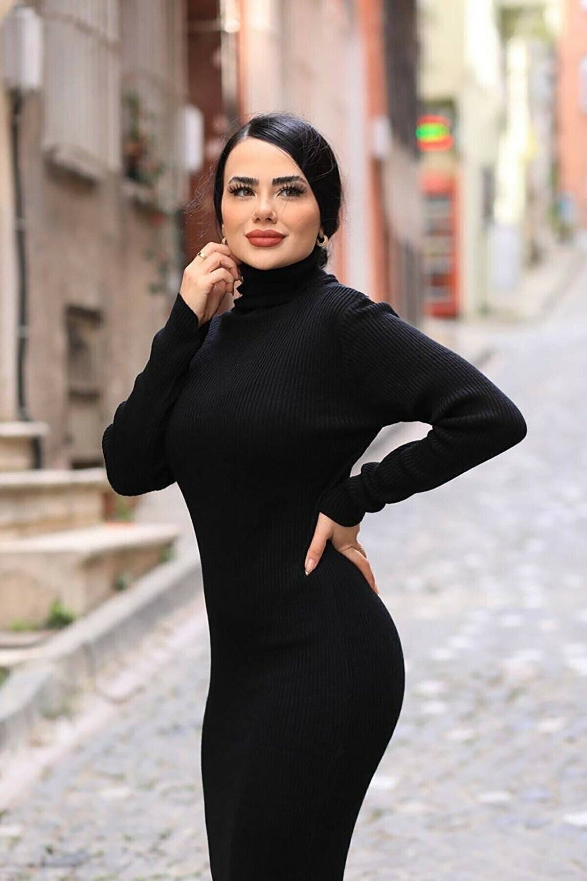 Kadın Siyah Renk Balıkçı Yaka L Fitilli Triko Elbise 140cm Boy Smlxl
