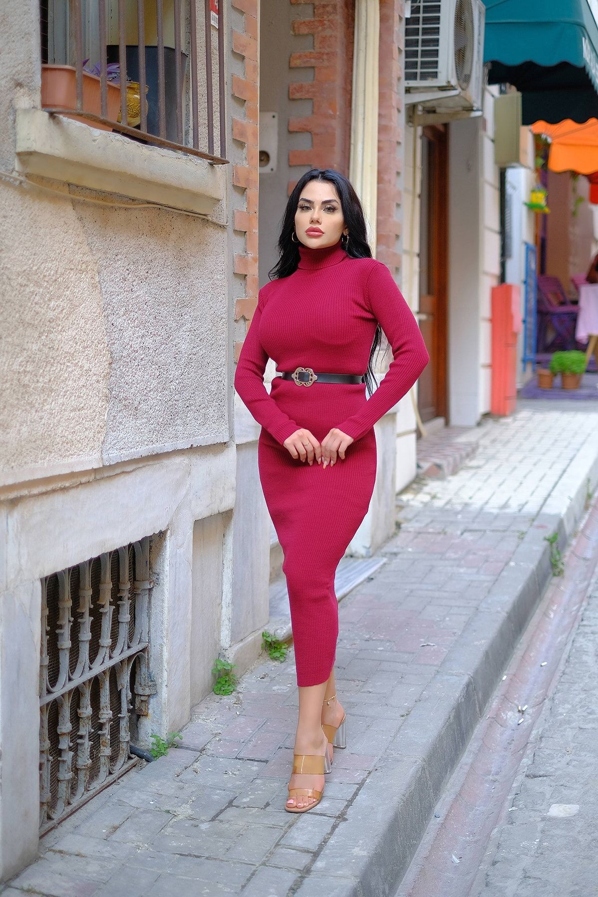 Boğazlı Fitilil Kalem Elbise (KEMER DAHİL DEGİLDİR S/M/L BEDEN UYUMLU)