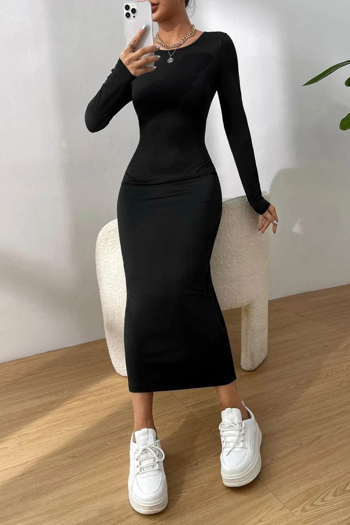 Kadın Bisiklet Yaka Kalem Model Kaşkorse Kumaş Elbise Tesettür Uygundur Boy 135cm