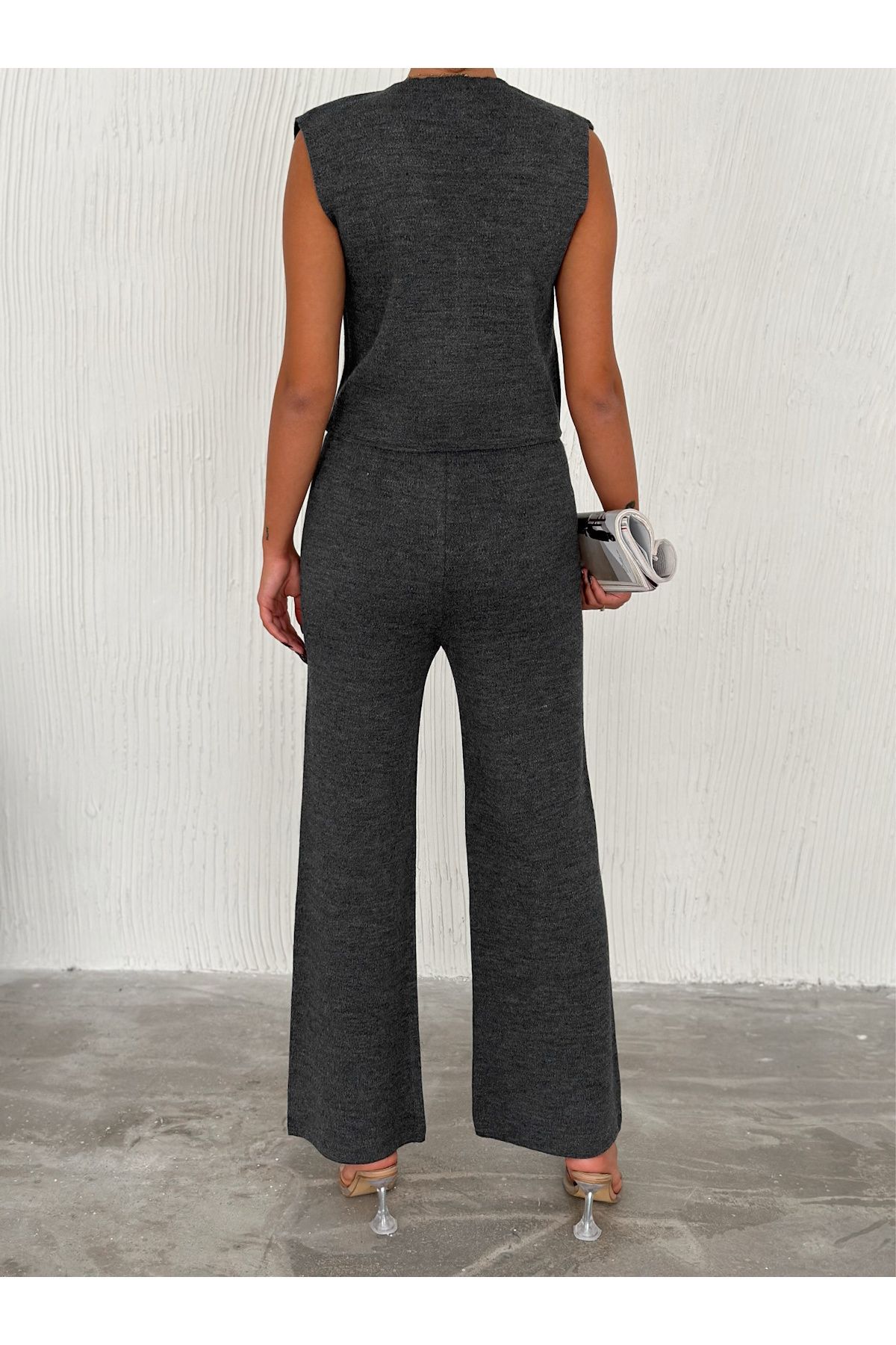 Kadın Füme Renk Yelek Pantolon Triko İkili Takım Standart Beden SMLXL uyumlu