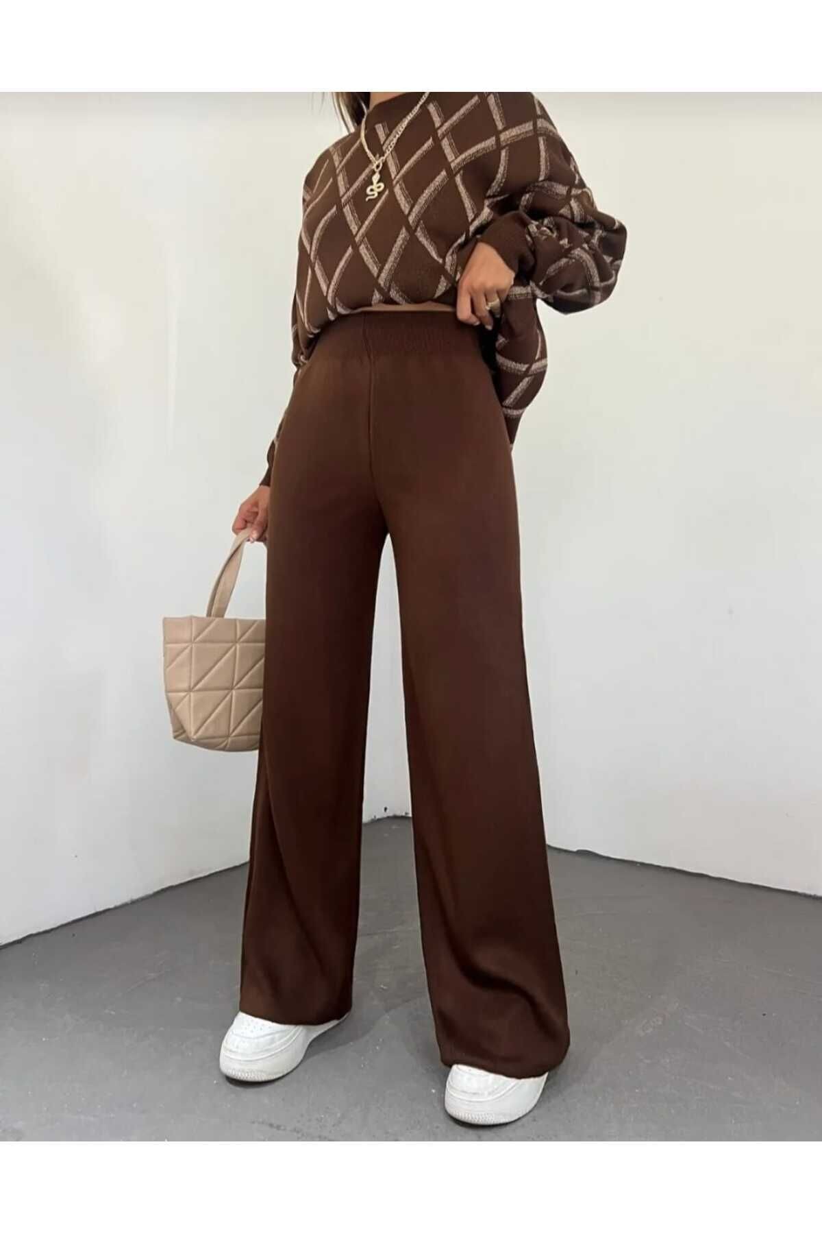 Kadın kışlık rahat kalıp bol paça comfort beli lastikli triko pantolon