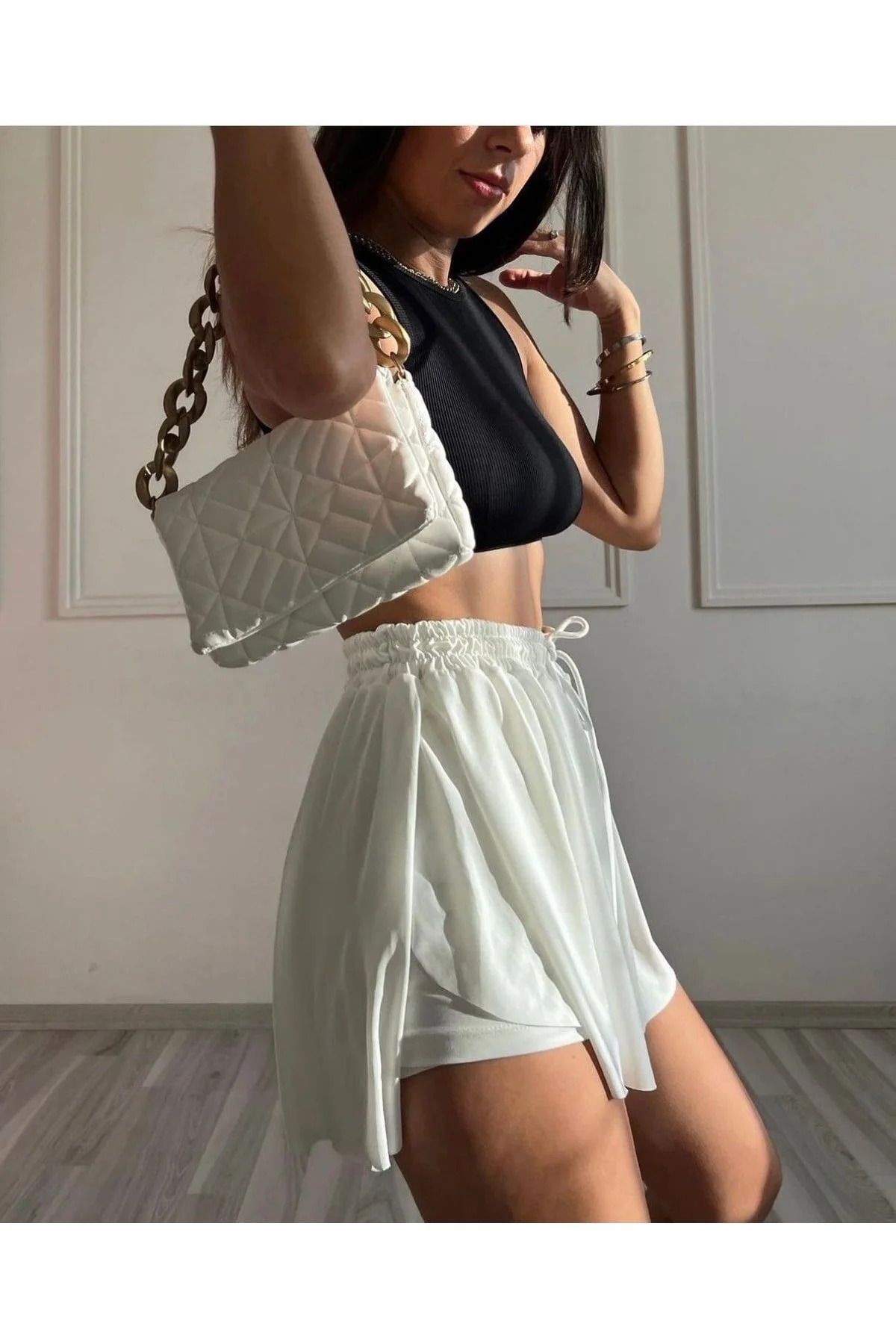 Kadın Siyah Bol Kesim Içi Taytlı Spor Şort Etek Siyah