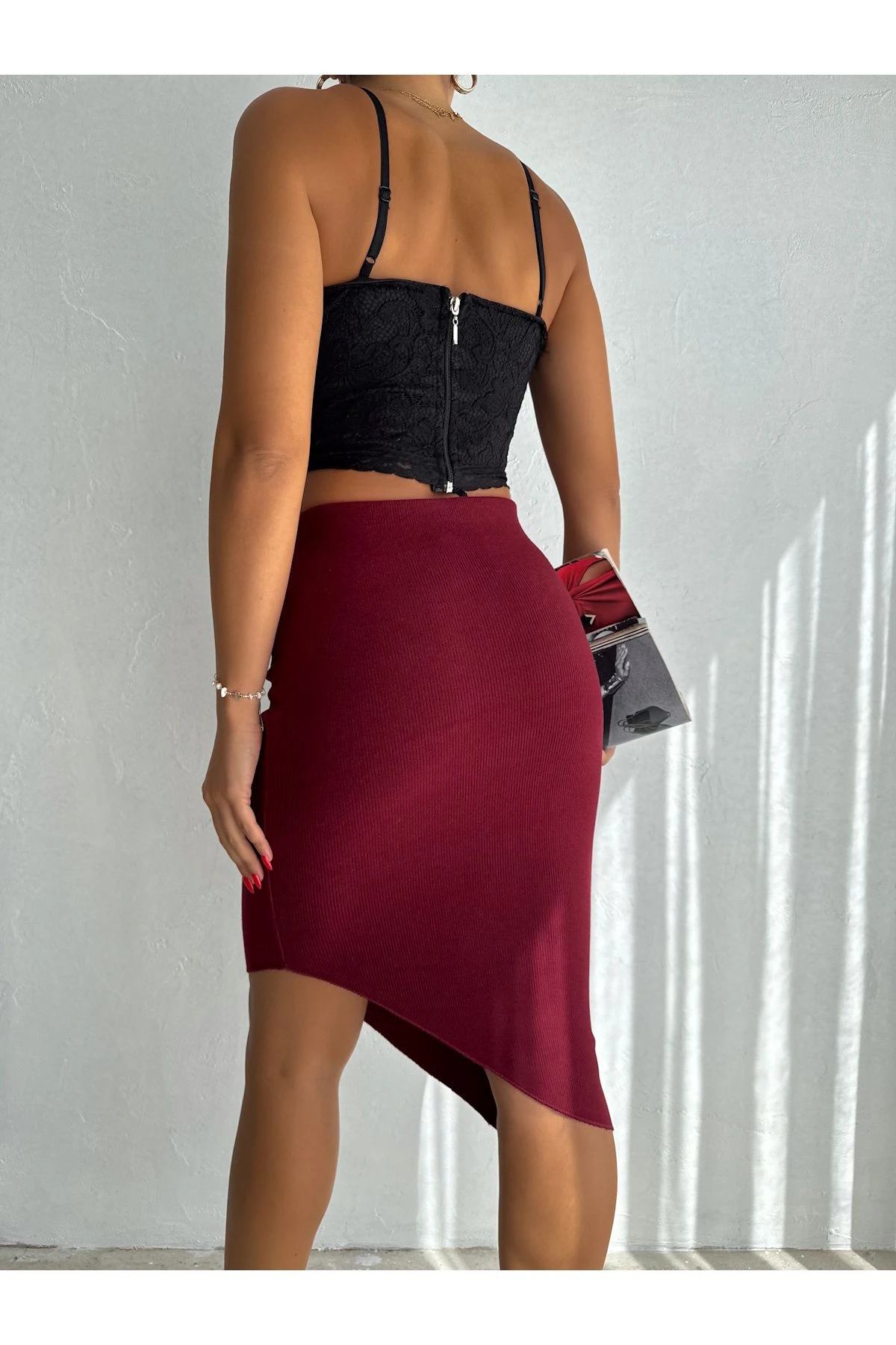 Kadın Beli Lastikli Kaşkorse Kumaş Bej Renk Fitillii Midi Boy Etek 4 Mevsimlik