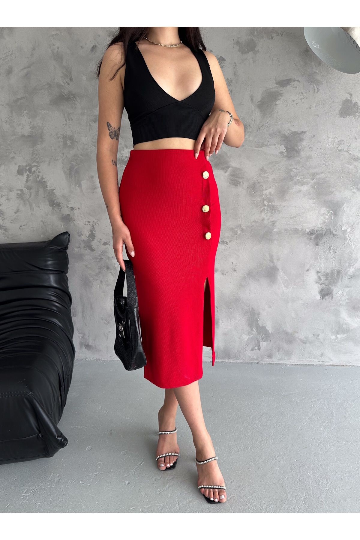 Kadın Düğme  Detaylı Örme Fitilli  Kaşkorse Kumaş  Yırtmaçlı Midi Boy Etek Boy 80 cm