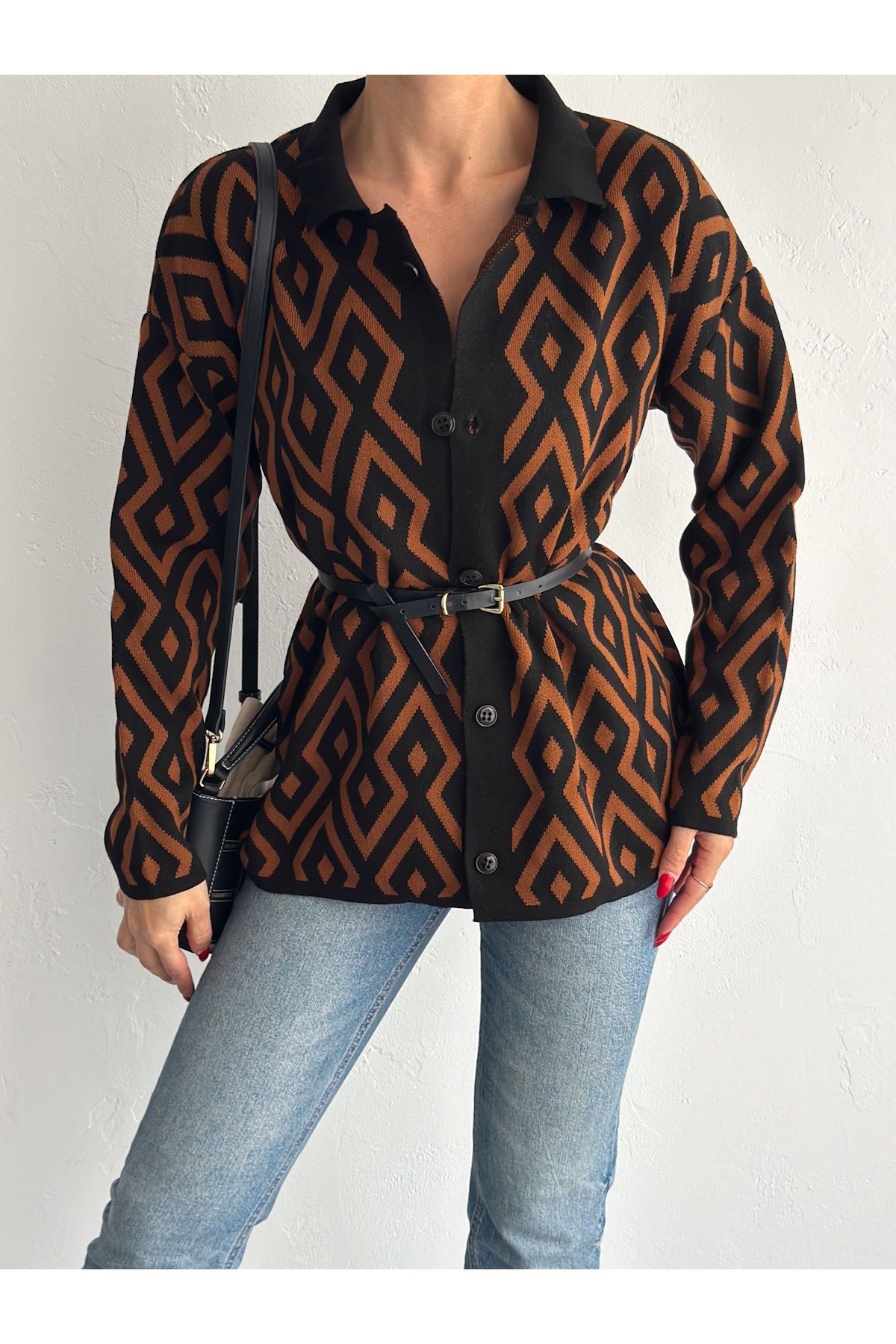 Kadın Geometrik Desen Önü Düğmeli Hırka