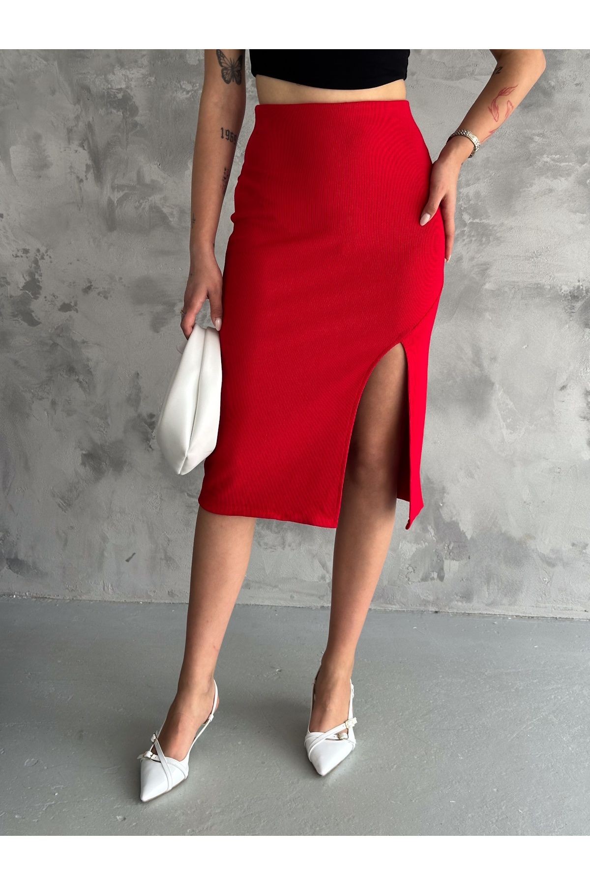 Kadın  Örme Fitilli  Kaşkorse Kumaş  Yırtmaçlı Midi Boy Etek Boy 80 cm
