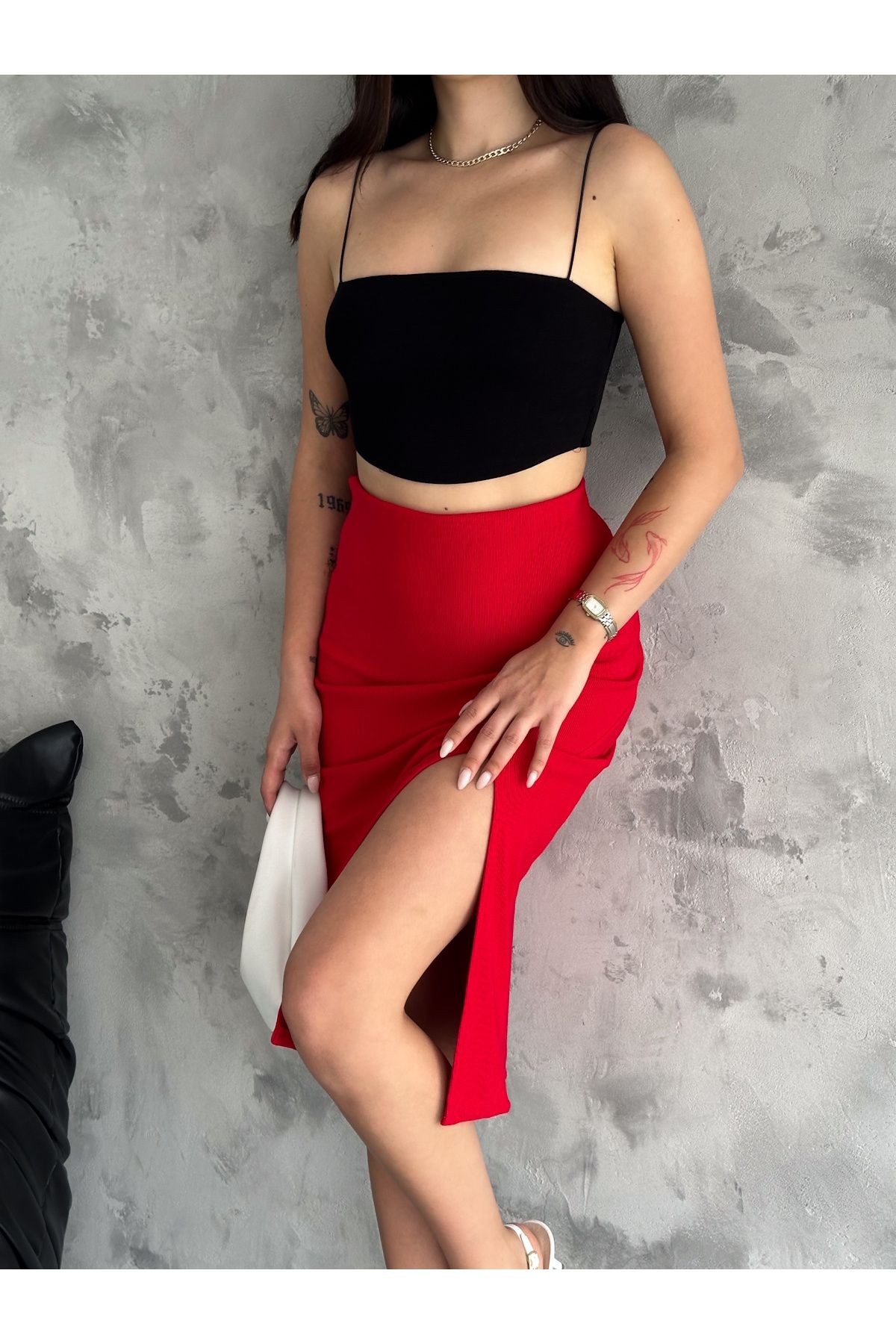 Kadın Düğme  Detaylı Örme Fitilli  Kaşkorse Kumaş  Yırtmaçlı Midi Boy Etek Boy 80 cm
