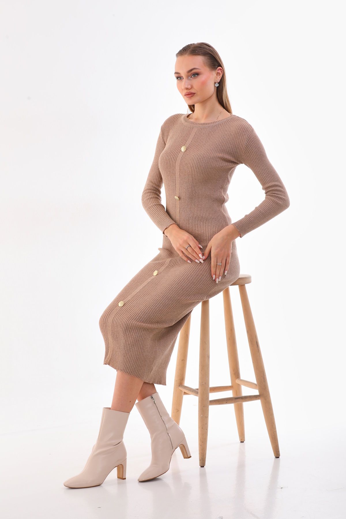 Kadın Bisiklet Yaka Düğme Detaylı Uzun Kol Triko Elbise Standart SML Uyumlu Boy 130 cm