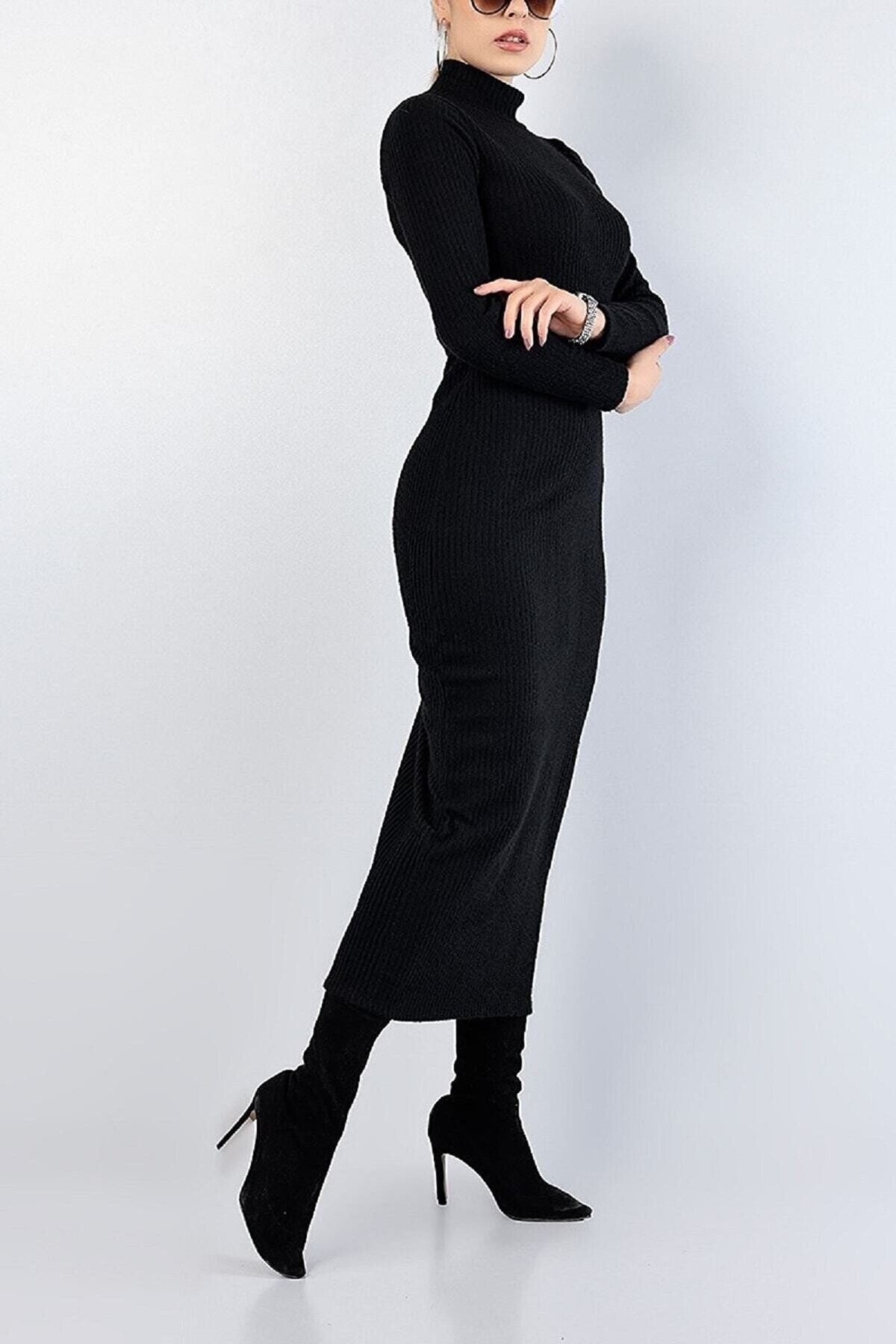 Kadın Siyah Renk Balıkçı Yaka L Fitilli Triko Elbise 140cm Boy Smlxl