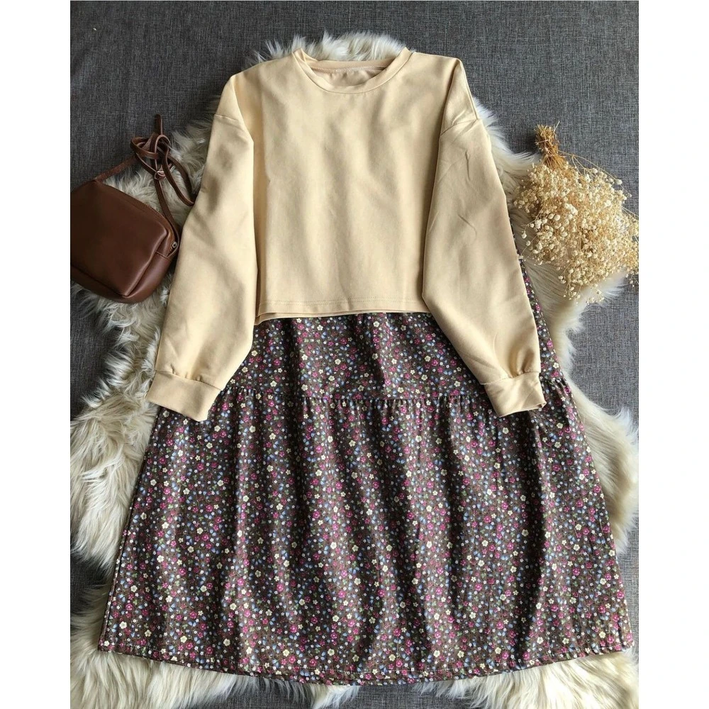 Nüve Çiçekli Kahve Etek Sweat Takım