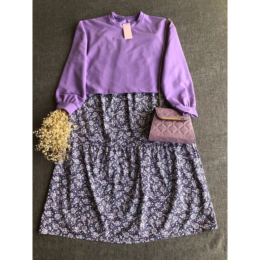 Nüve Çiçekli Lila Etek Sweat Takım