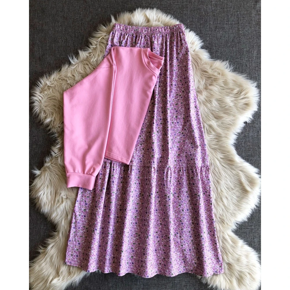 Nüve Pembe Çiçekli Etek Sweat Takım