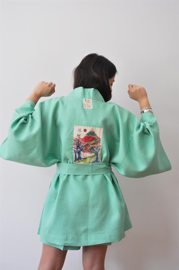 İki Kızlar Yeşil Sansui Kimono