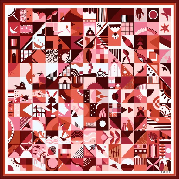 Galene Brand Crossword Pink %100 Saten İpek Fular 90x90