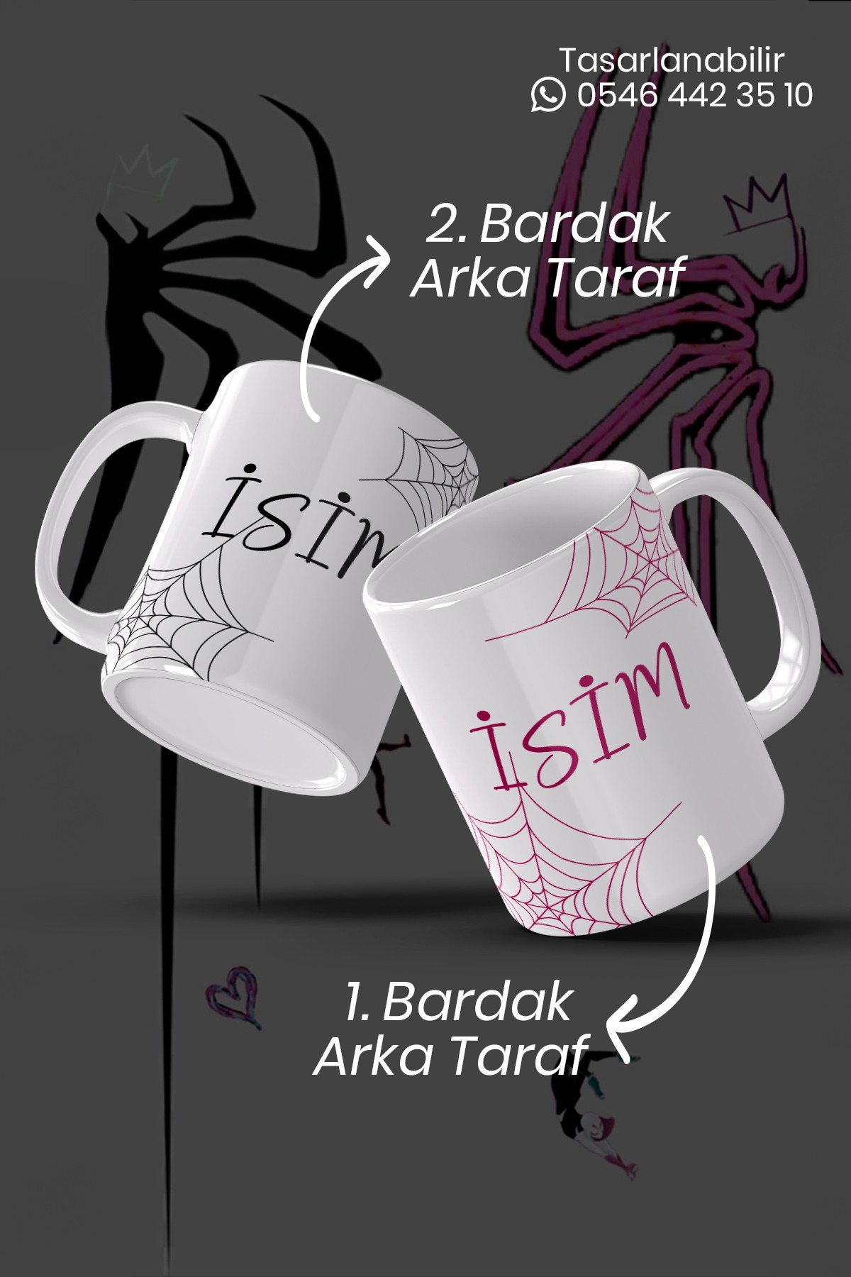 İsime Özel Kişiselleştirilebilir Örümcek Ağ Baskılı 2'li Set Kupa Bardak