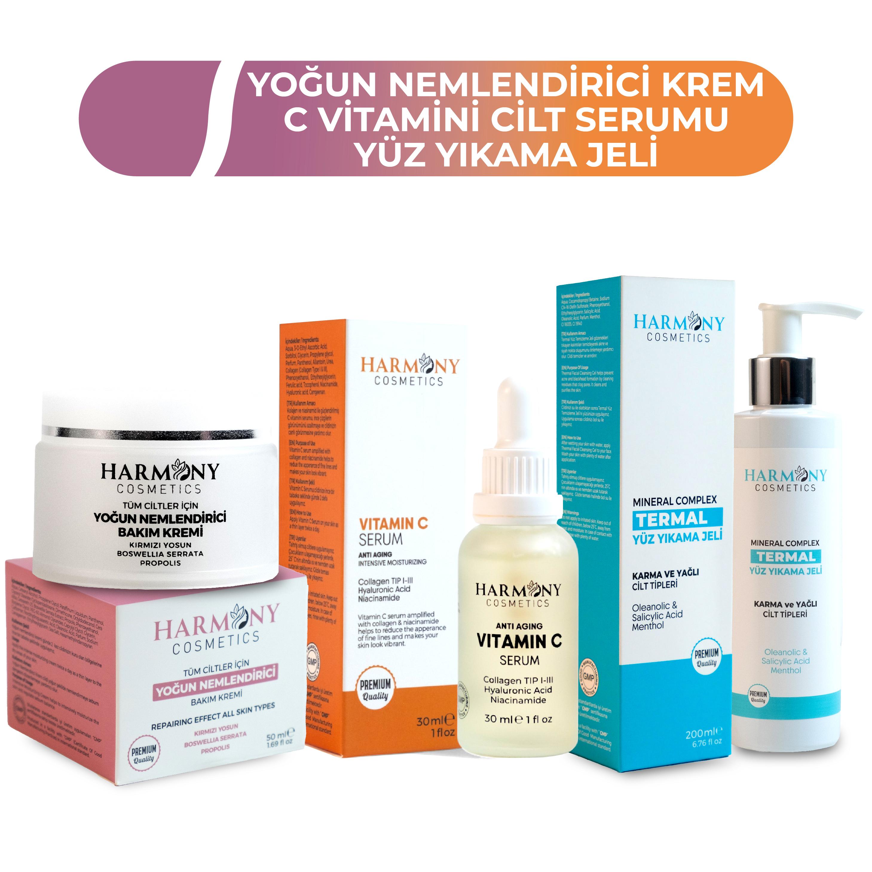 Yoğun Nemlendirici Krem + C Vitamin Cilt Serumu + Termal Yüz Yıkama Jeli 3'lü Bakım Seti