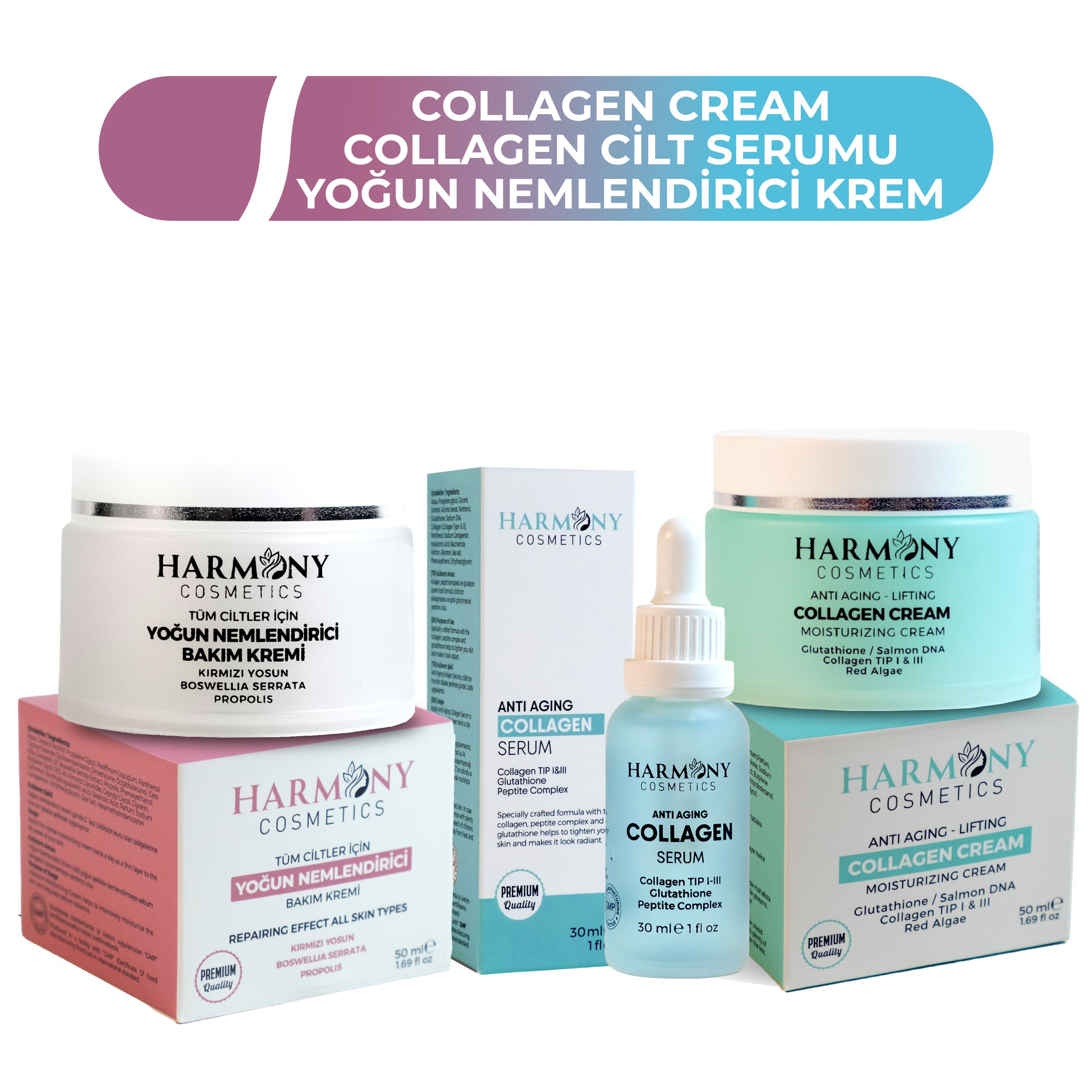 Kolajen Krem + Kolajen Serum + Yoğun Nemlendirici Bakım Kremi 3'lü Bakım Seti