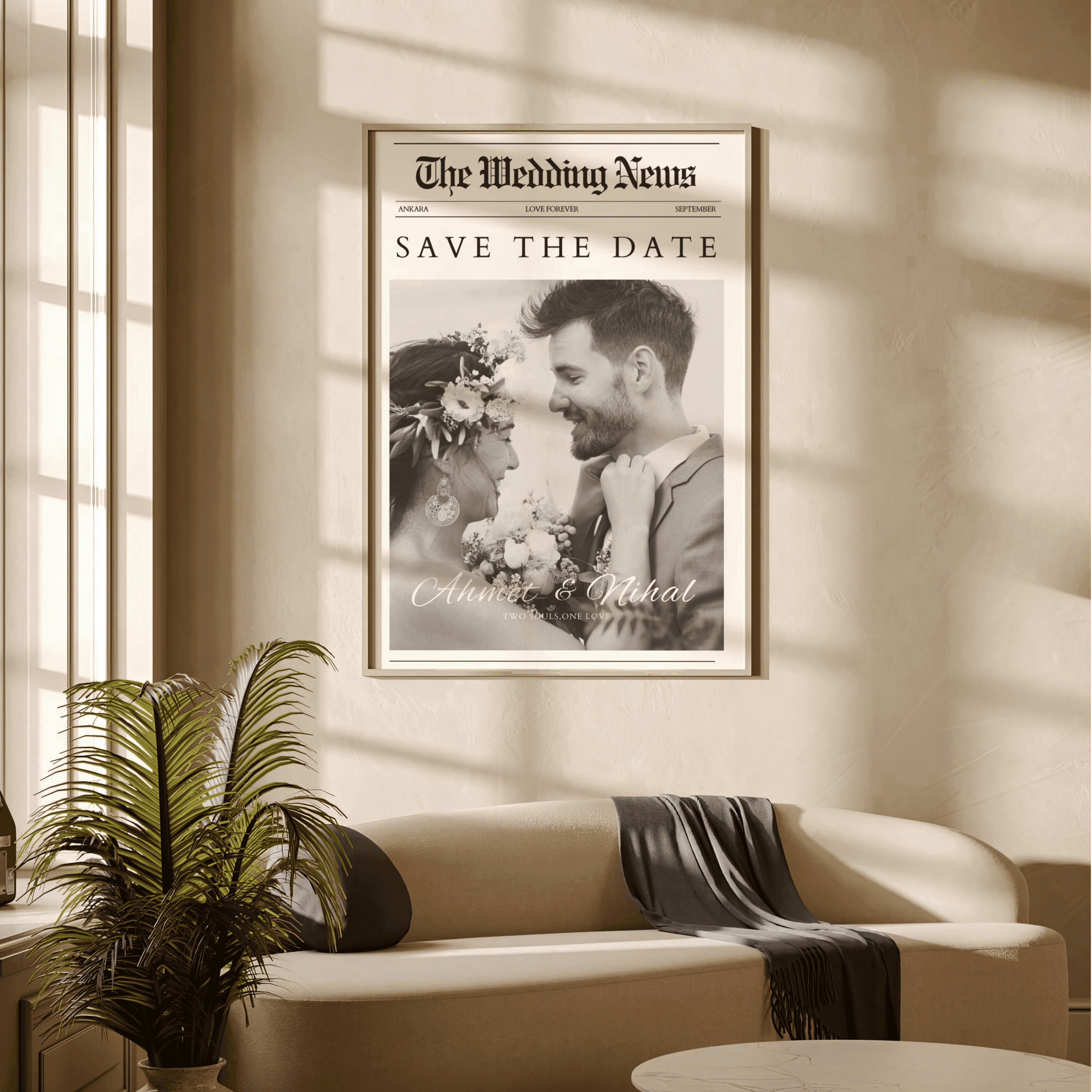 Sonsuz Aşk Çerçeveli “The Wedding News” Tablosu(Siyah-Beyaz)