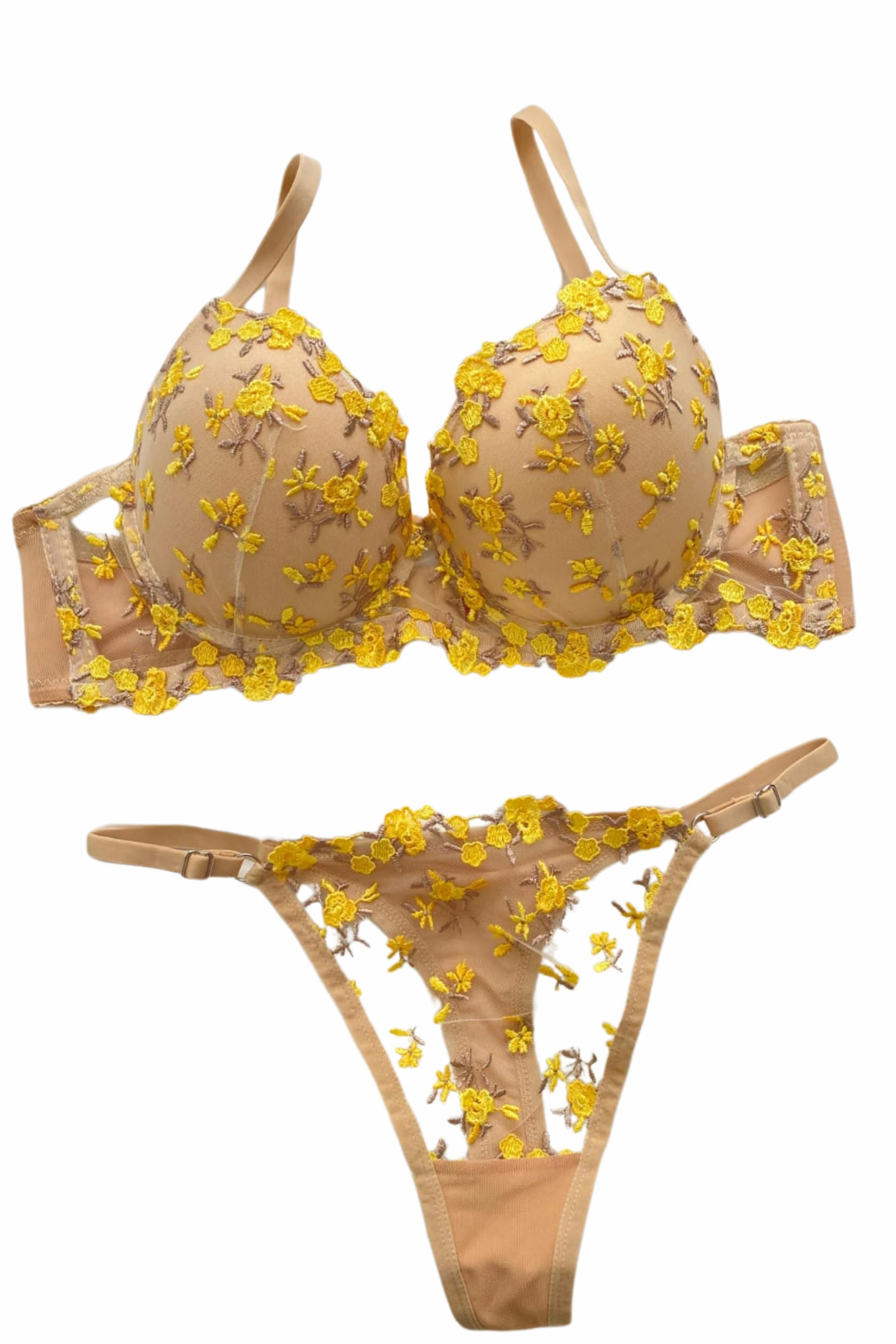 Ten Renkli Sarı Çiçek Desenli Destekli Sütyen Takımı Brode Koleksiyonu