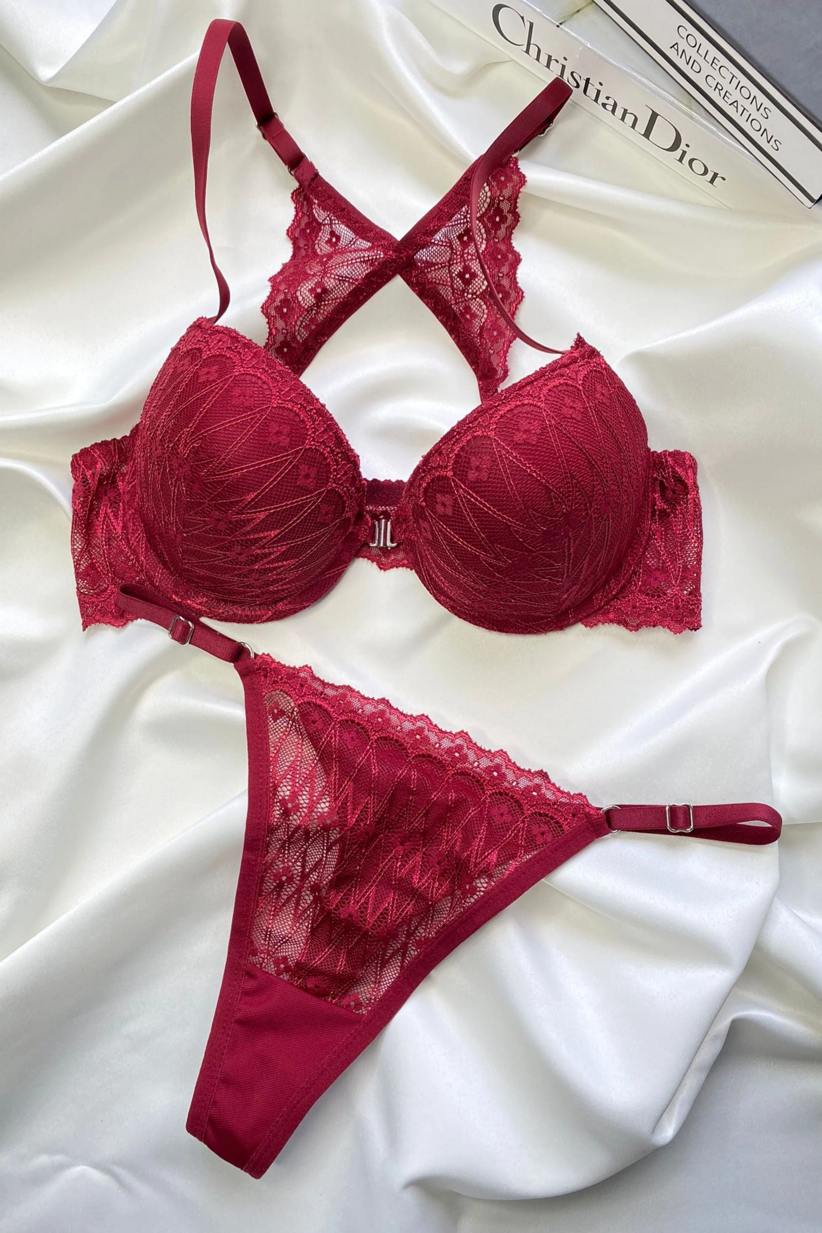 Bordo Renkli Dantel Desenli Destekli Sütyen ve Külot Takımı Kelebek Koleksiyonu