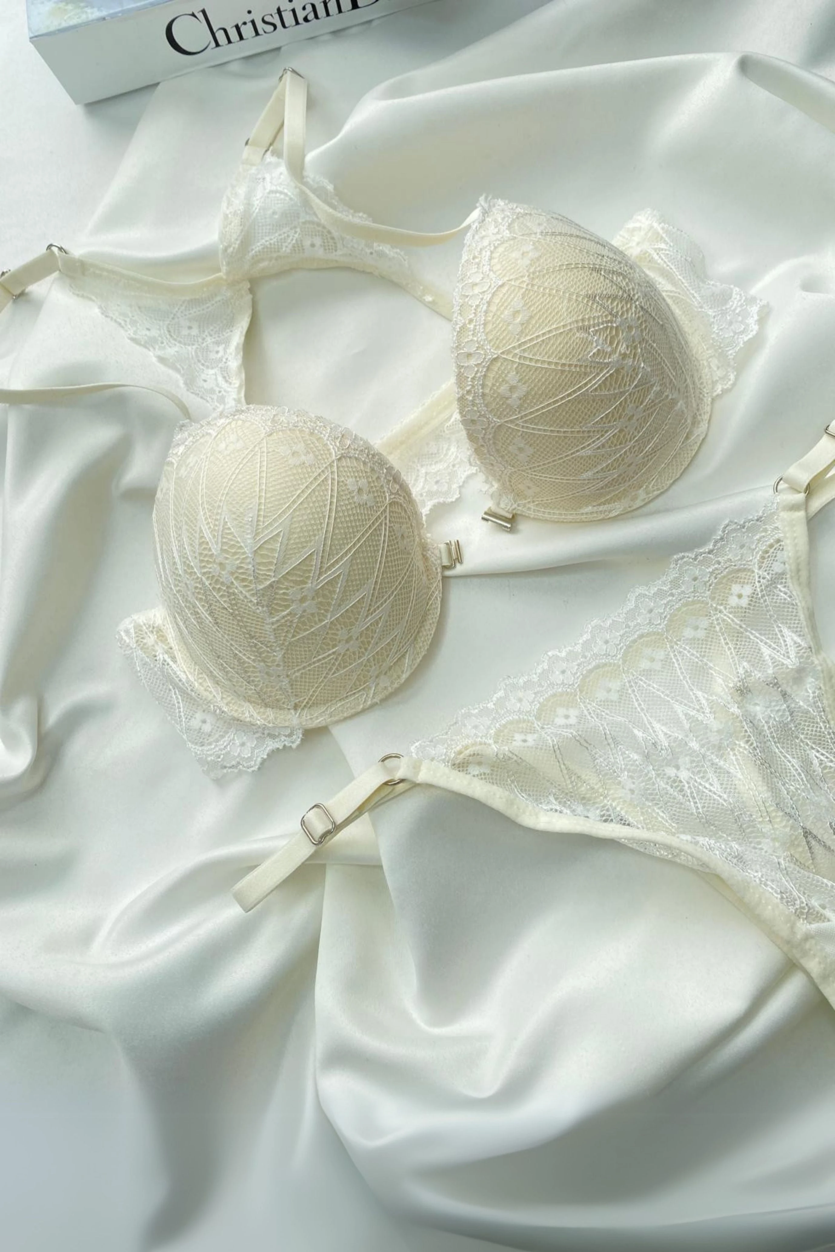 Ekru Renkli Dantel Desenli Destekli Sütyen ve Külot Takımı Kelebek Koleksiyonu