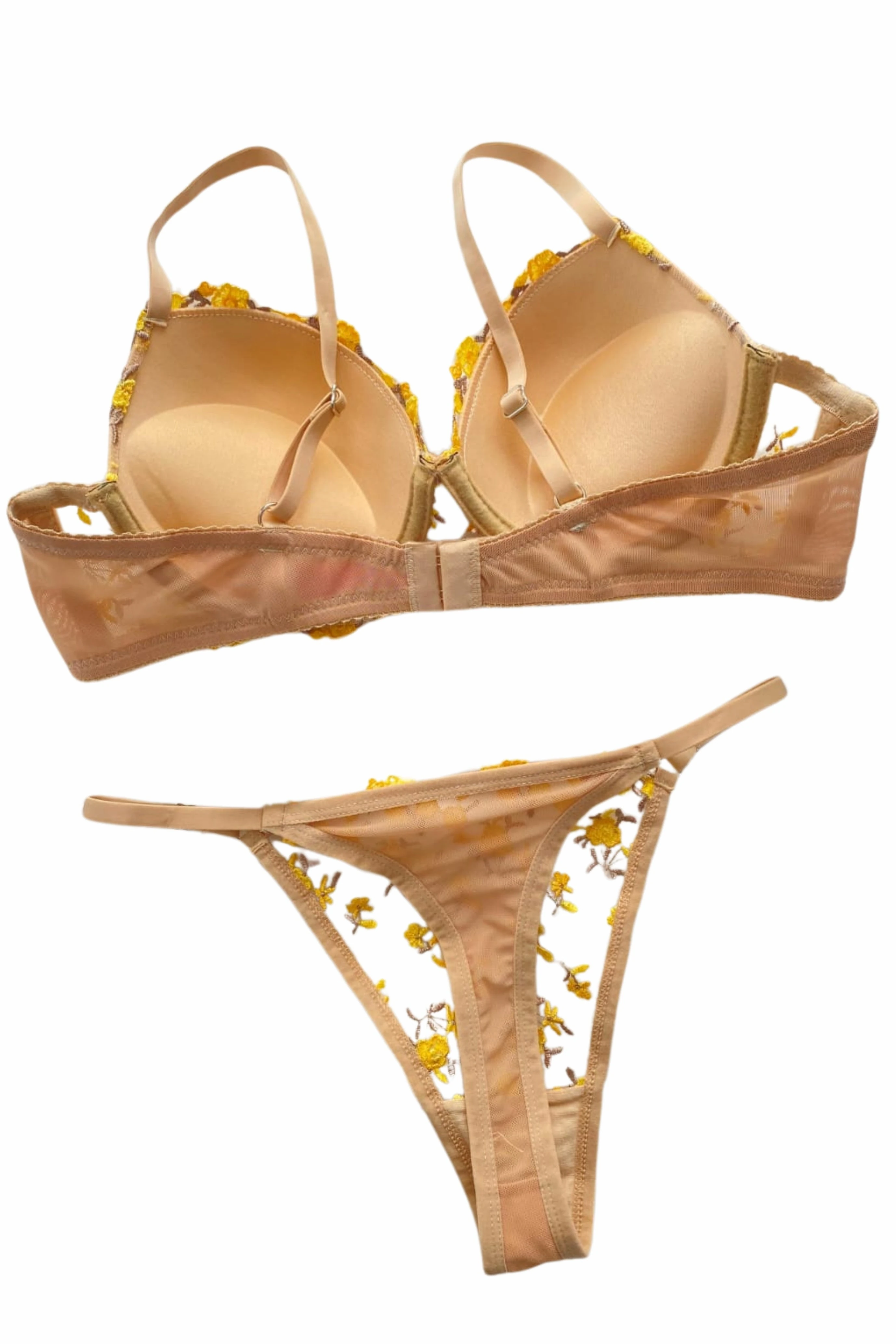 Ten Renkli Sarı Çiçek Desenli Destekli Sütyen Takımı Brode Koleksiyonu