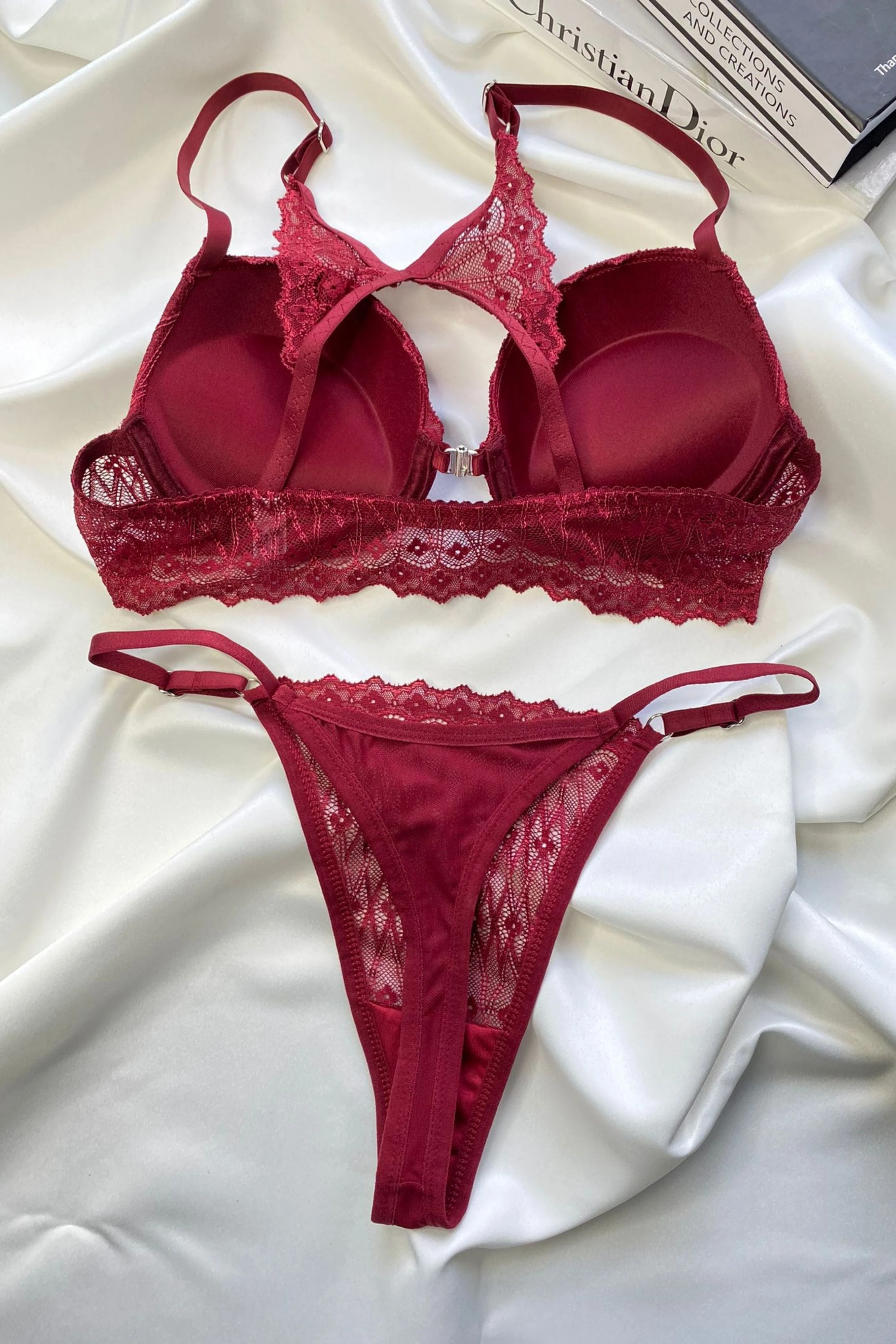 Bordo Renkli Dantel Desenli Destekli Sütyen ve Külot Takımı Kelebek Koleksiyonu