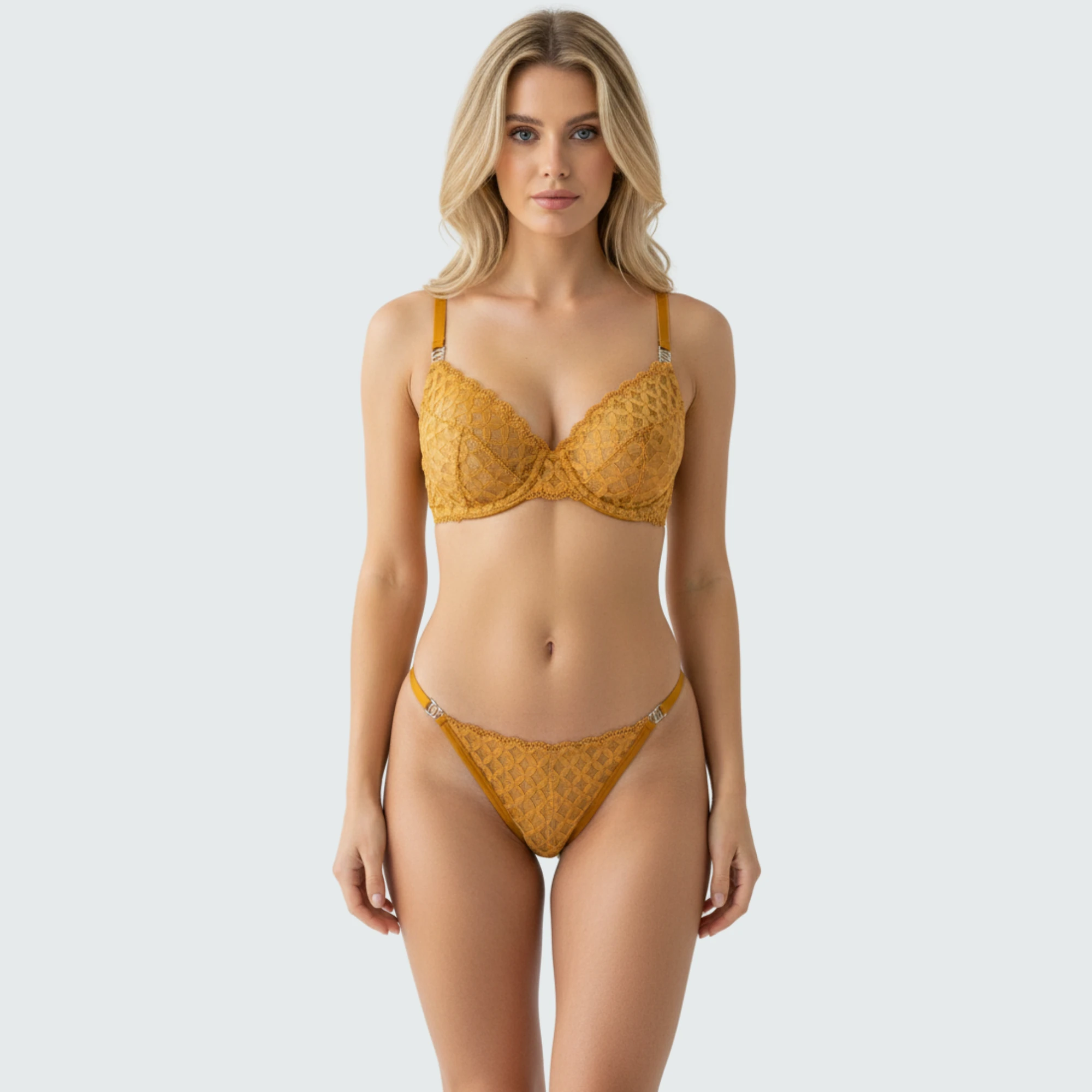 Bal Renkli Dantel Detaylı Desteksiz Sütyen ve Külot Takımı Ruby Lace Koleksiyonu