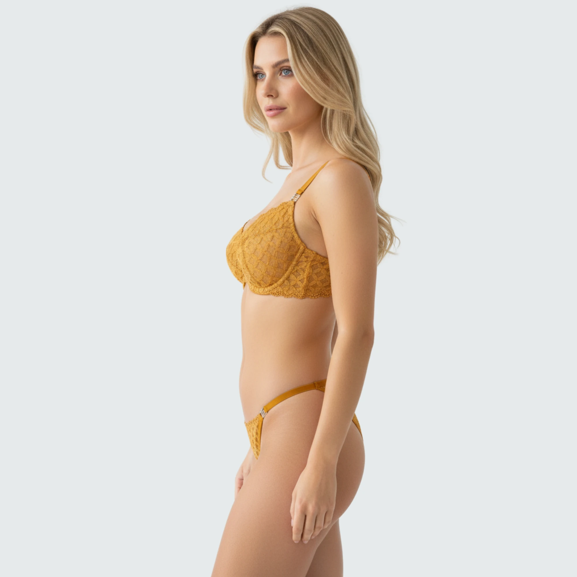 Bal Renkli Dantel Detaylı Desteksiz Sütyen ve Külot Takımı Ruby Lace Koleksiyonu